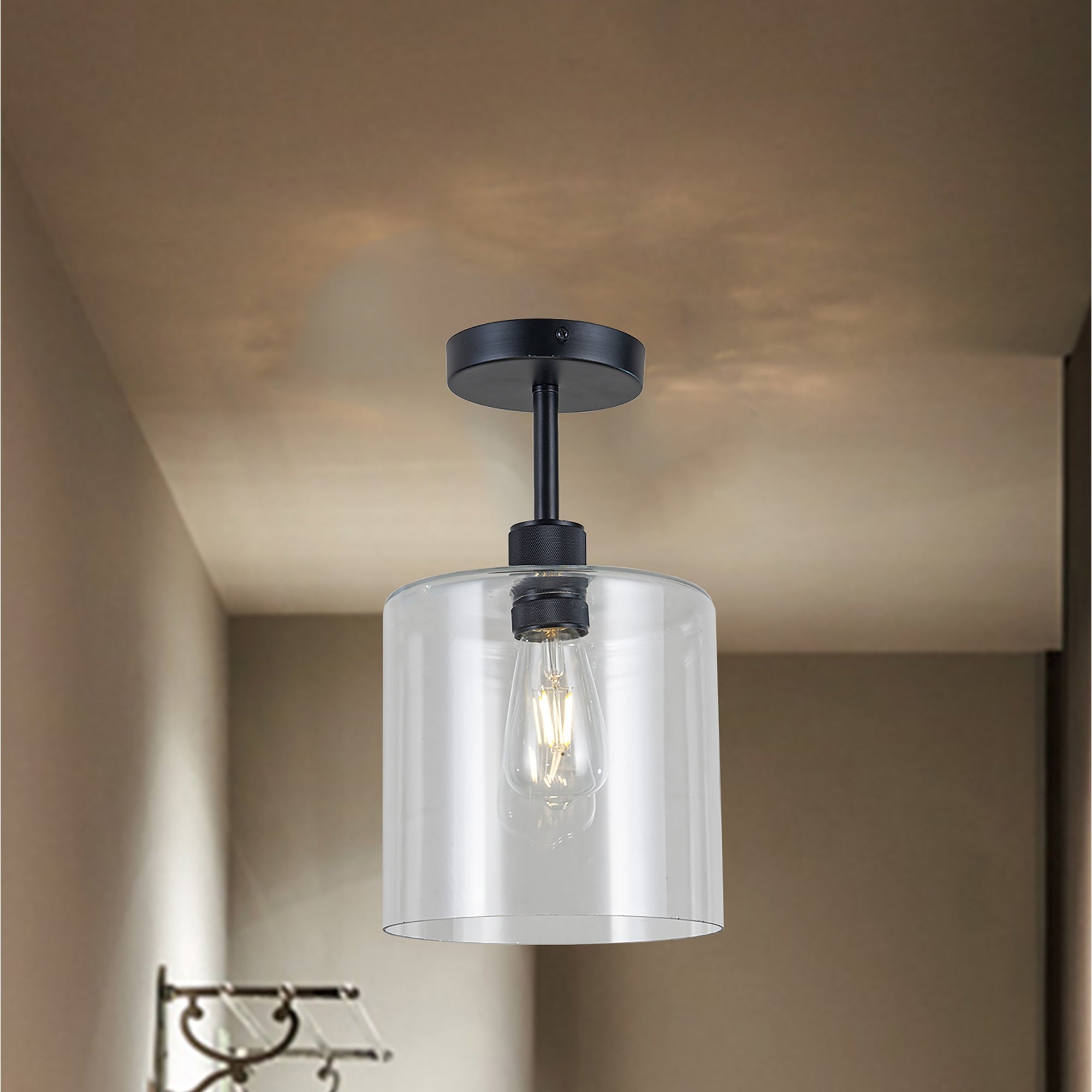 Rowe Matte Black 1-Light Clear Cylinder Glass Shade Semi-Flush Mount - Mycitystee