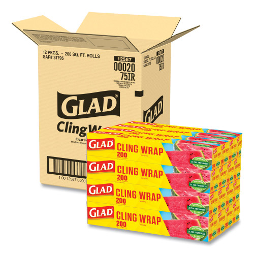 Glad ClingWrap Plastic Wrap， 200 Square Foot Roll， Clear， 12 Rolls/Carton (00020CT) - Mycitystee