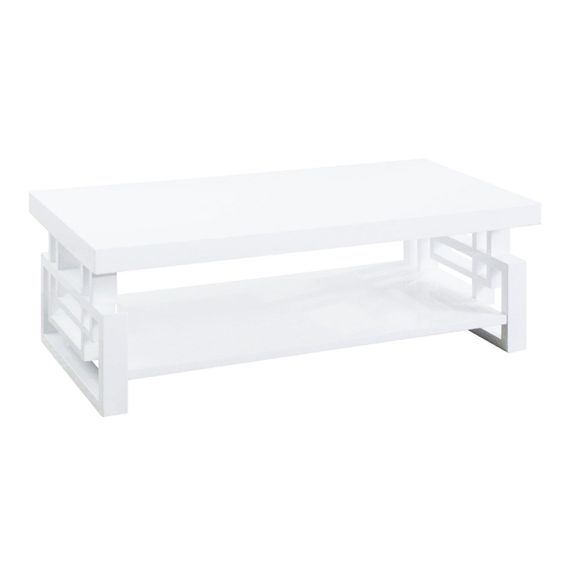 Contemporary Wooden Coffee End Table With Designer Sides and Shelf， Glossy White - Mycitystee