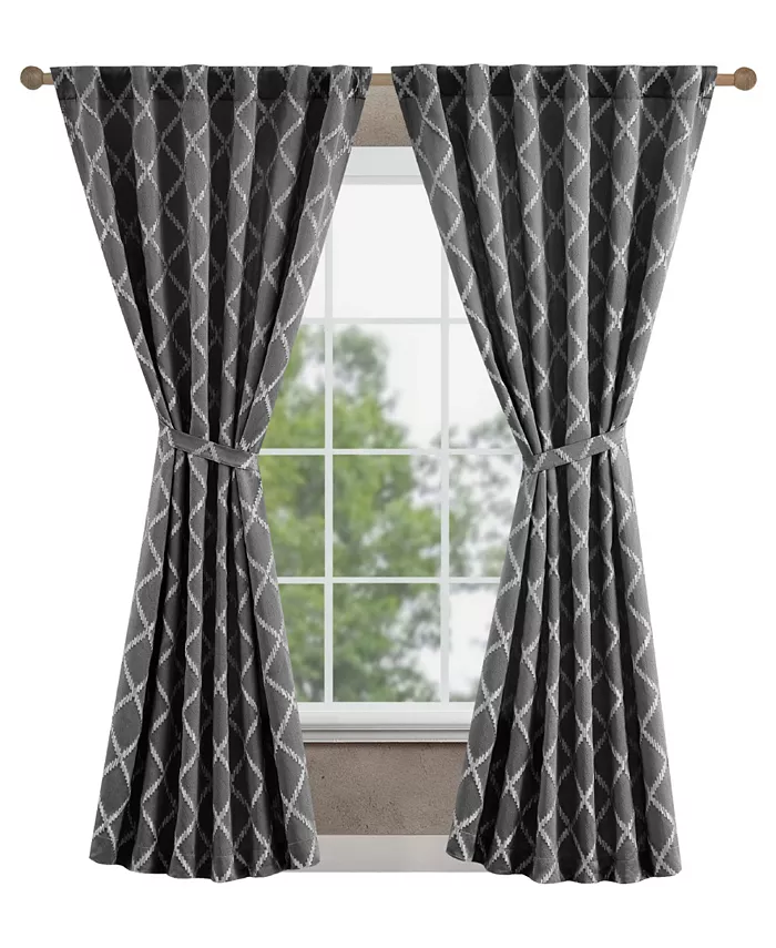 Jessica Simpson Lynee Textured Diamond Patterned Blackout Back-Tab Window Curtain Panel Pair with Tiebacks Collection - Mycitystee
