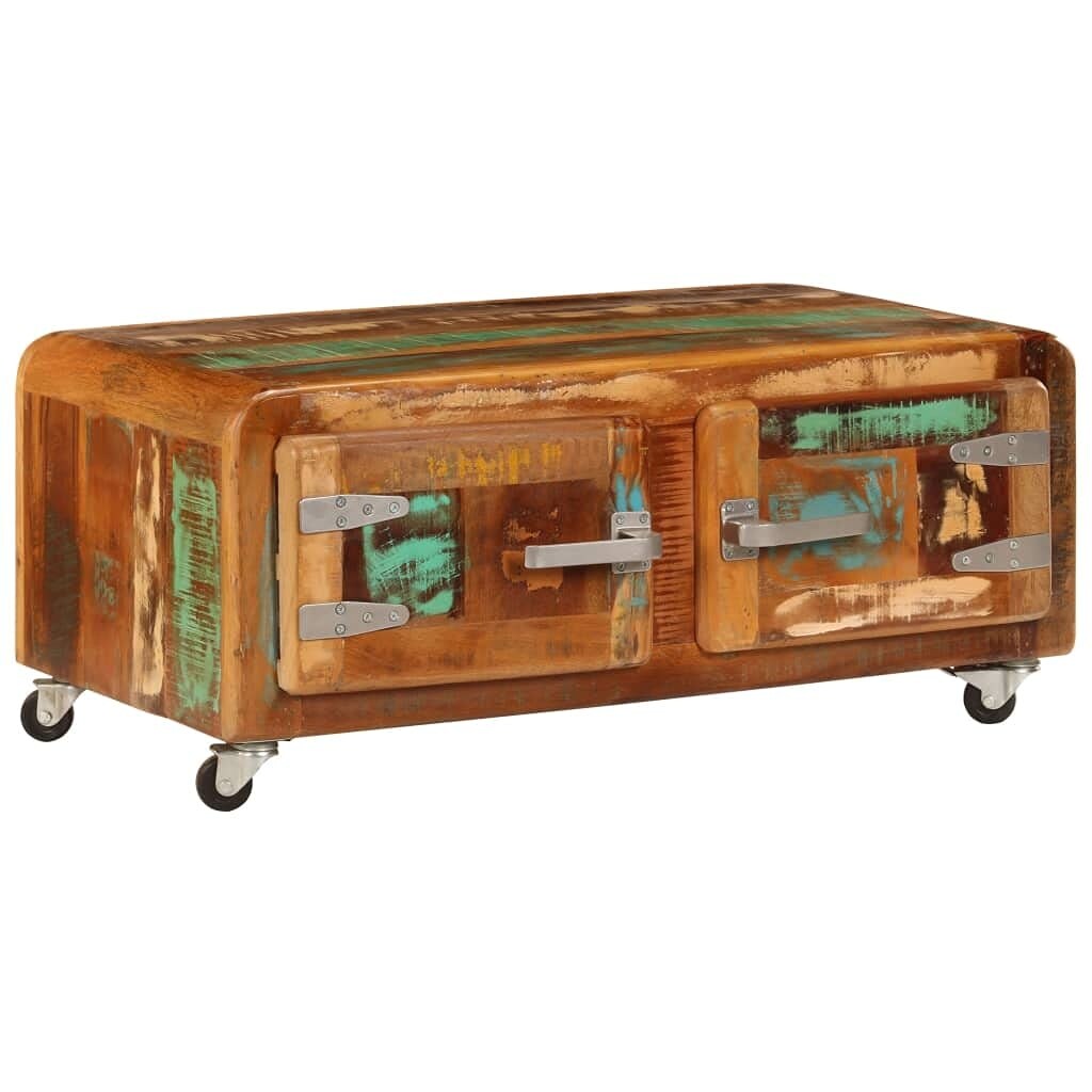 Wood Coffee Table Cocktail Table with 2 Doors and 4 Casters， Stable， Rustic Rectangluar Coffee Table for Living Room - Mycitystee