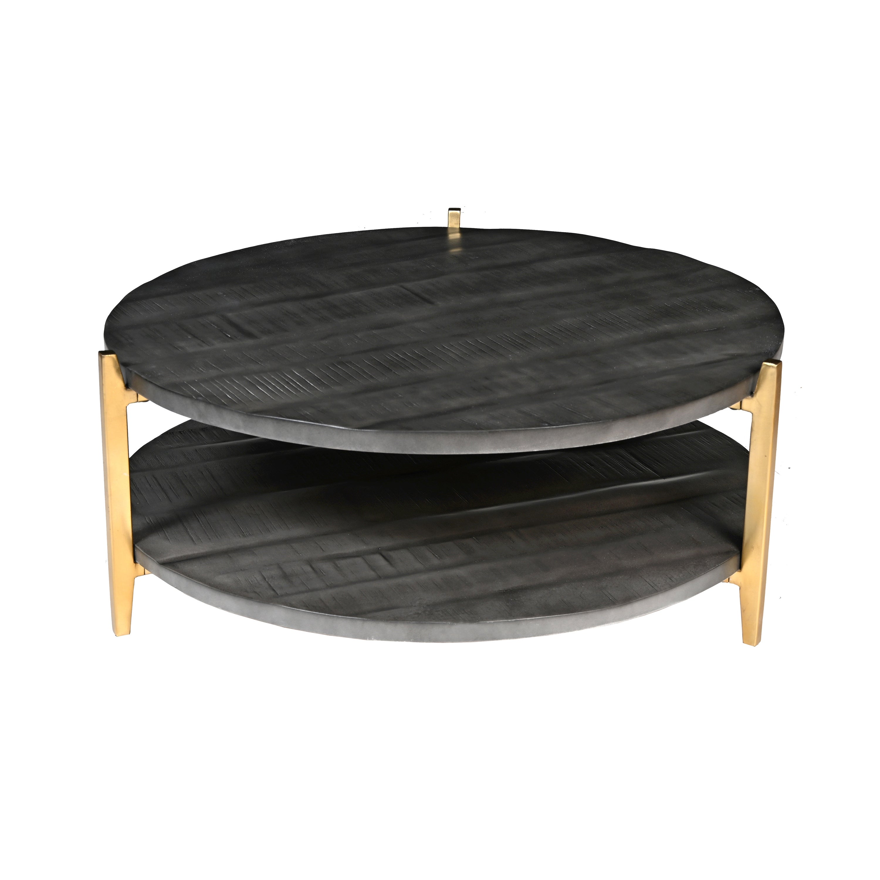 Tali 37 Inch Handcrafted Round Coffee Table， 2 Tier， Charcoal Gray Acacia Wood， Sleek Gold Metal Legs - Mycitystee