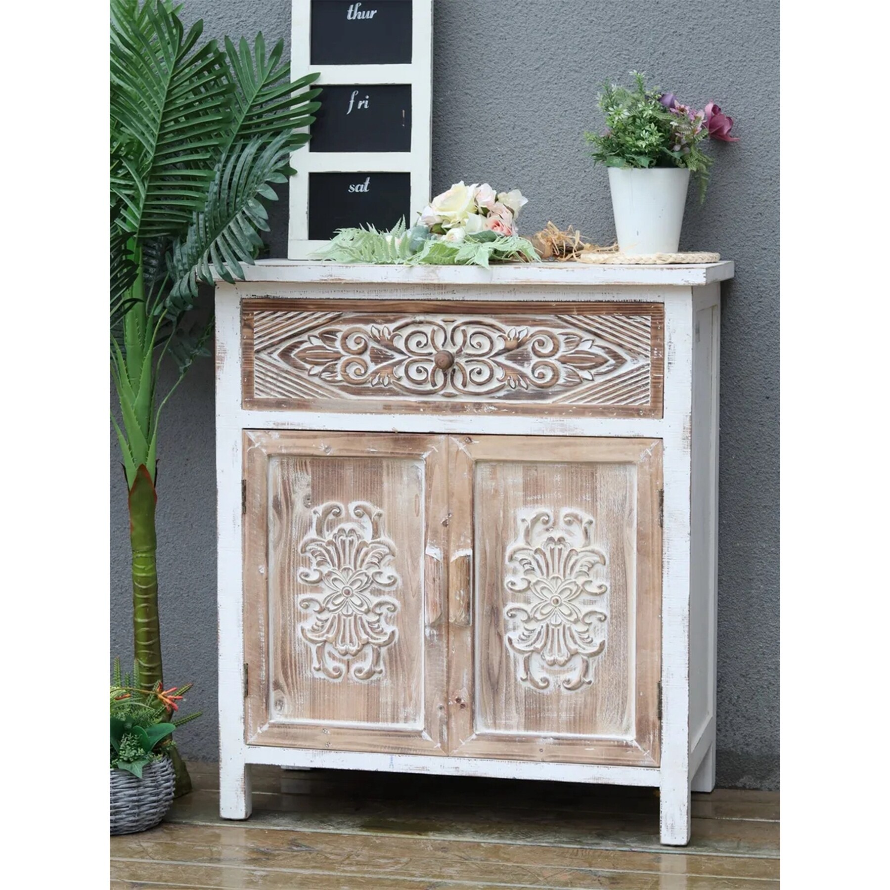 Weathered Wood Cabinet with 1 Drawer and 2 Doors Vintage Accent Storage Chest for Entryway， Living Room - - 34536014 - Mycitystee