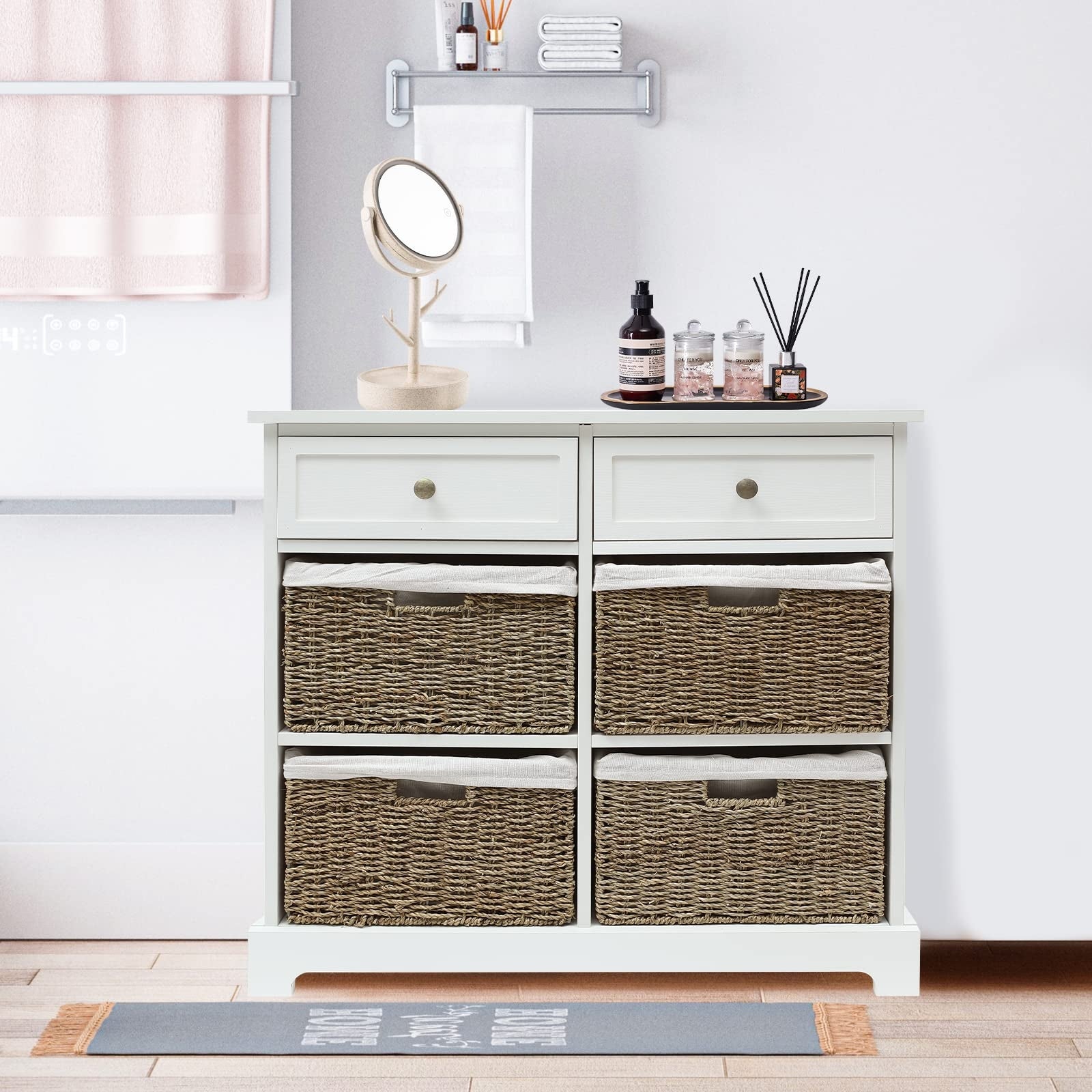 Storage Cabinet with Baskets， Storage Organizer with 2 Drawers and 4 Wicker Baskets， Wicker Dresser with Wooden Tabletop - - 37668819 - Mycitystee