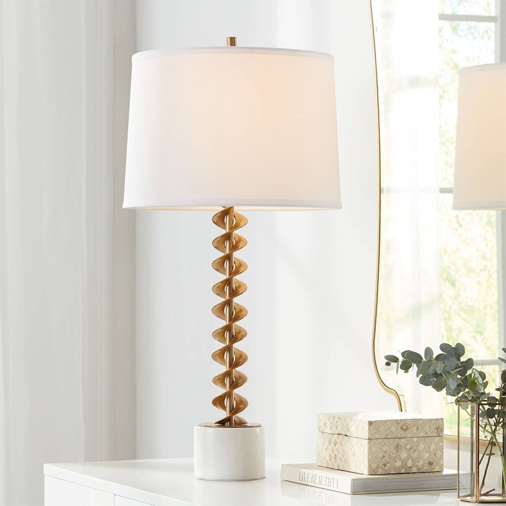 Modern Table Lamp Brass Metal White Linen Drum Shade - 15