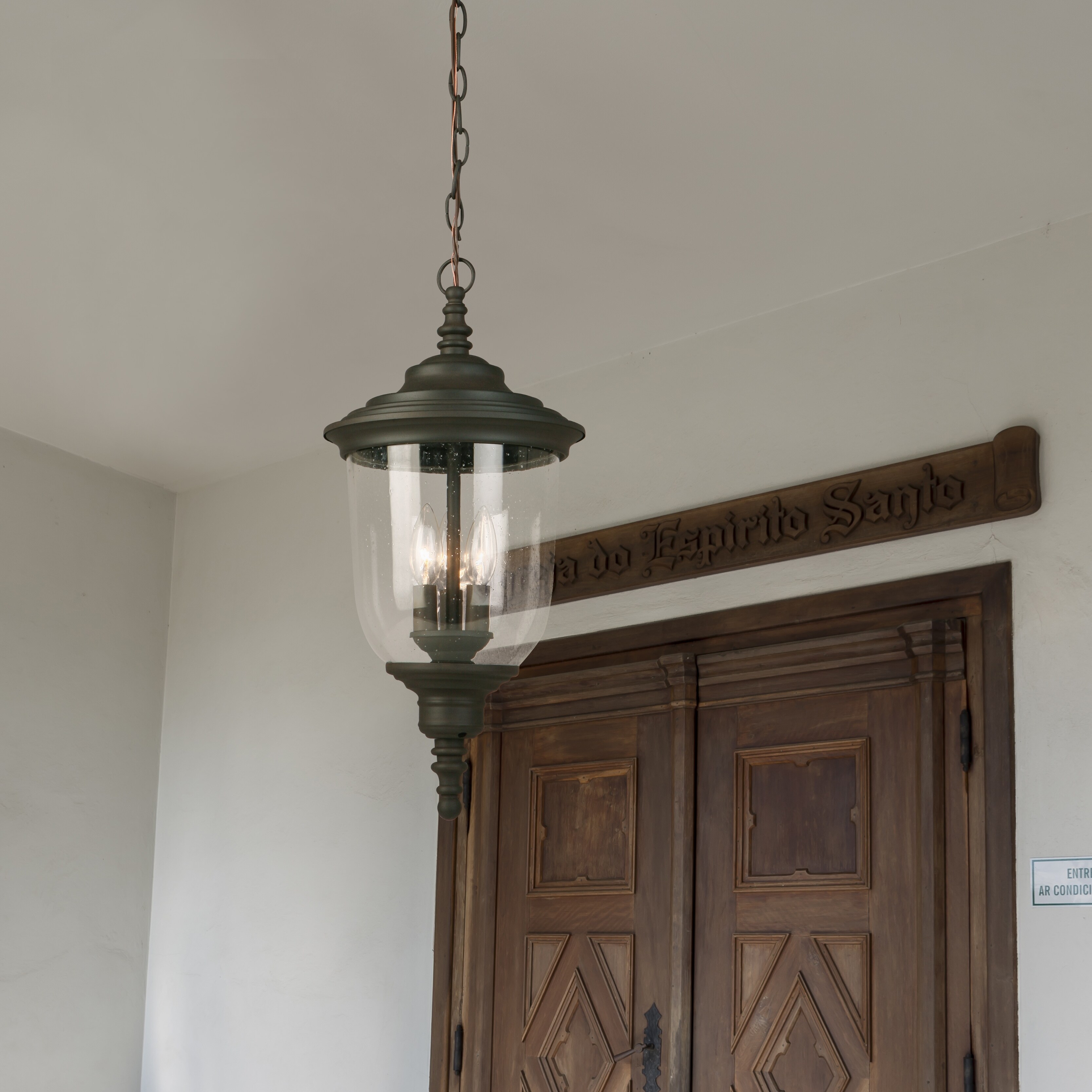 Eglo Pinedale Outdoor Pendant with Matte Bronze Finish and Clear Seedy Glass - Mycitystee