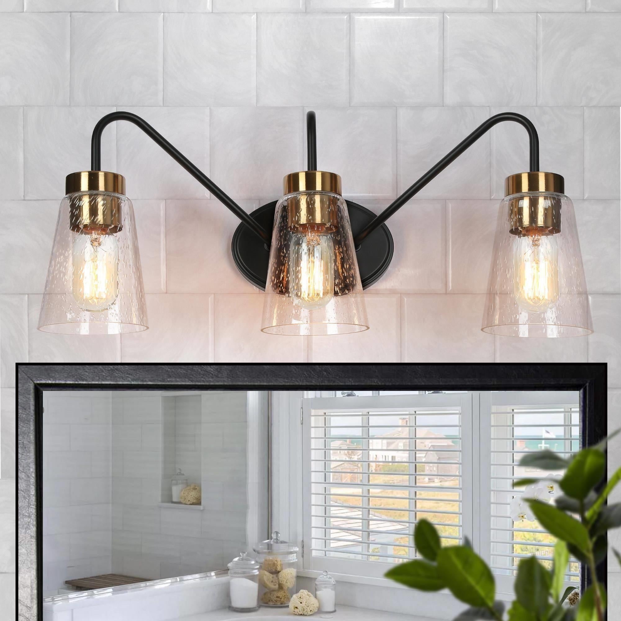 Modern Farmhouse 3-Light Black Gold Bathroom Vanity Lights Seeded Glass Wall Sconces - 21.5