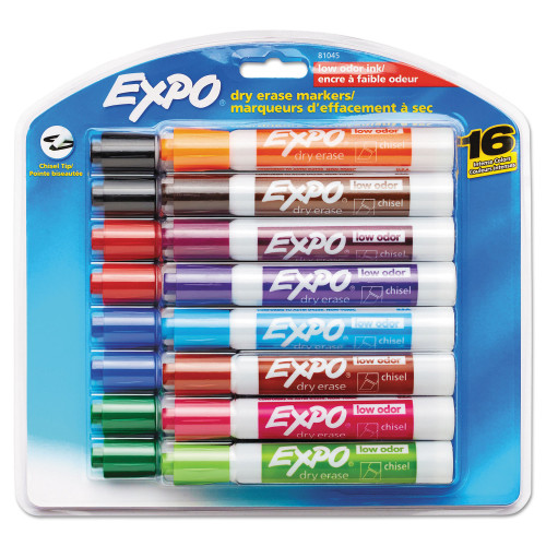 EXPO Low-Odor Dry-Erase Marker， Broad Chisel Tip， Assorted Colors， 16/Set (81045) - Mycitystee