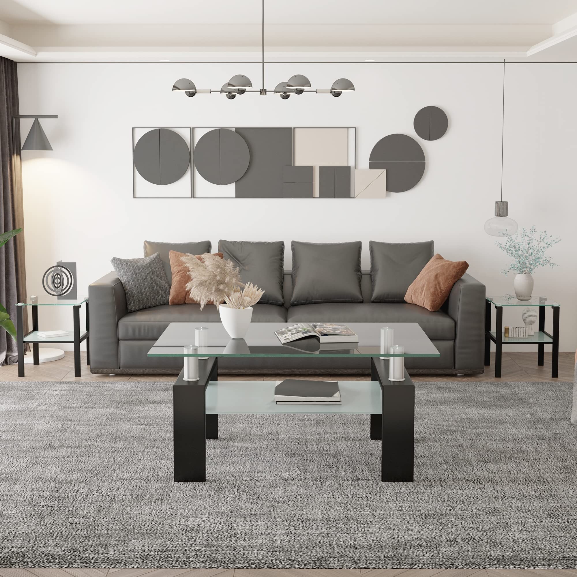 Glass Coffee Table and End Table Set， Living Room Table Set of 3，Transparent Table Set - as picture - Mycitystee