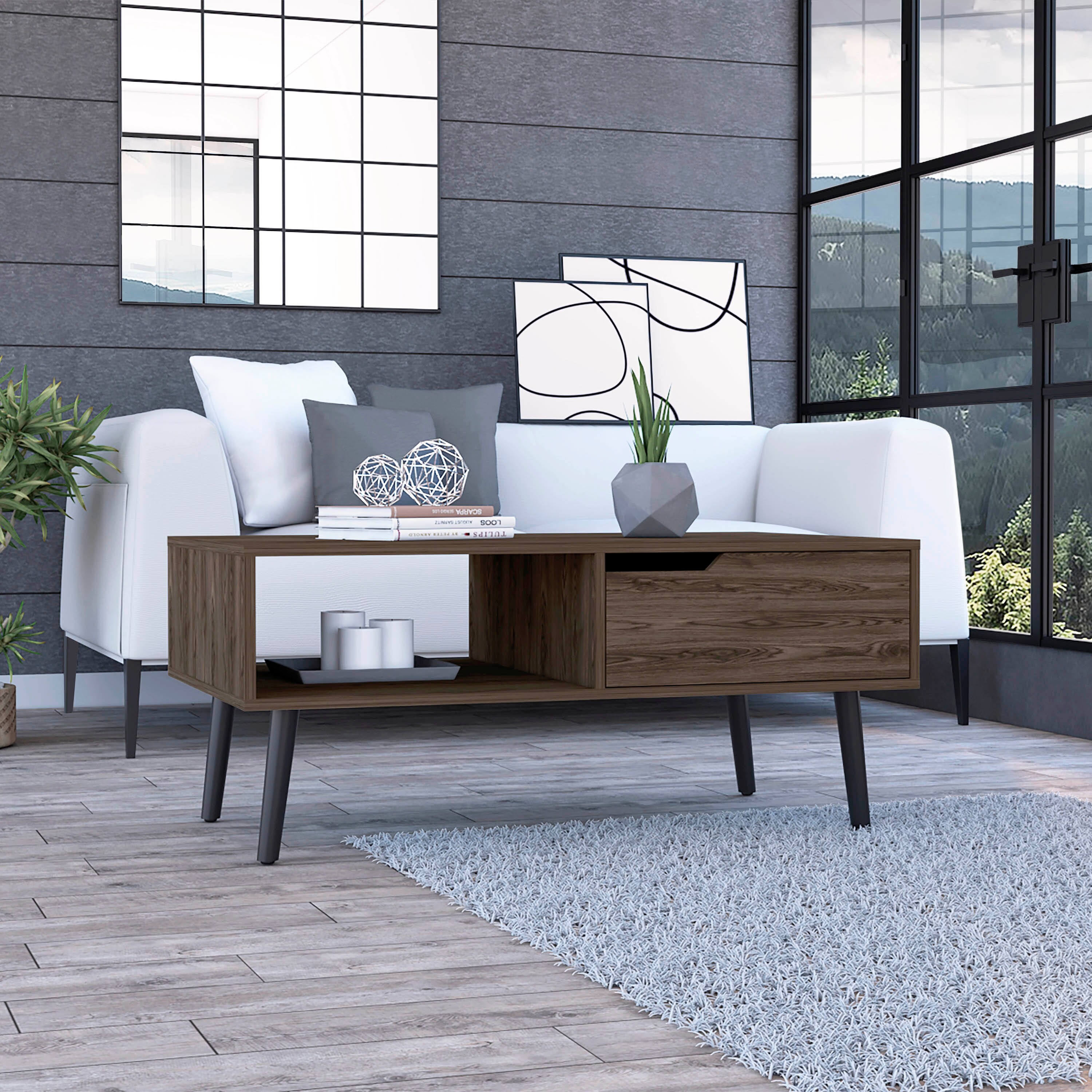 TUHOME Oslo Coffee Table with Drawer， Open Shelf， and 4 Legs - Mycitystee