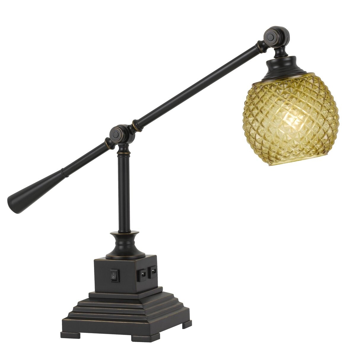 Glass Shade Metal Desk Lamp with 2 USB Outlets， Dark Bronze and Gold - 21 H x 6.5 W x 23 L Inches - Mycitystee