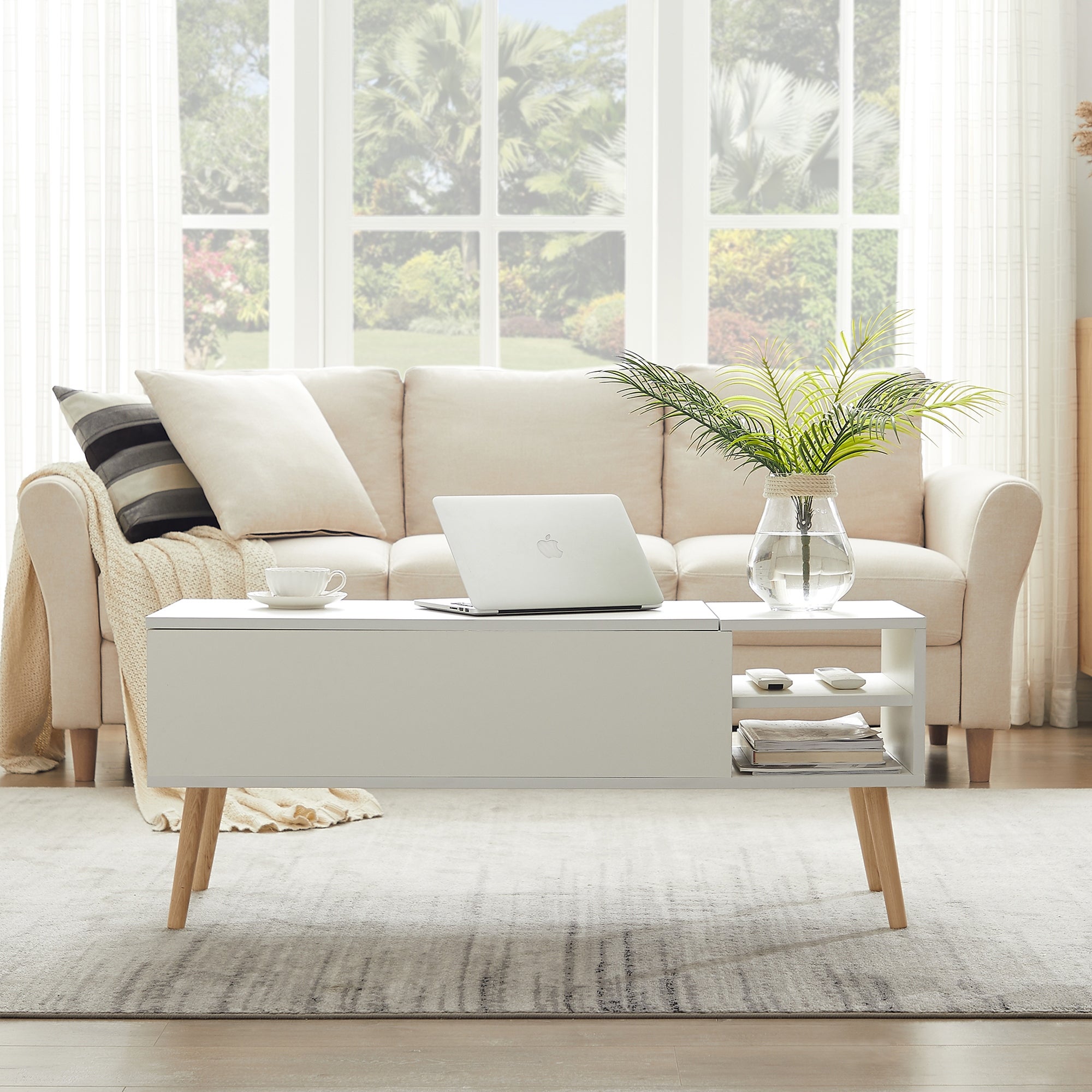 Coffee Table，15 minutes quick assemble，computer table， white color，solid wood legs support， big storage space，Liftable - Mycitystee
