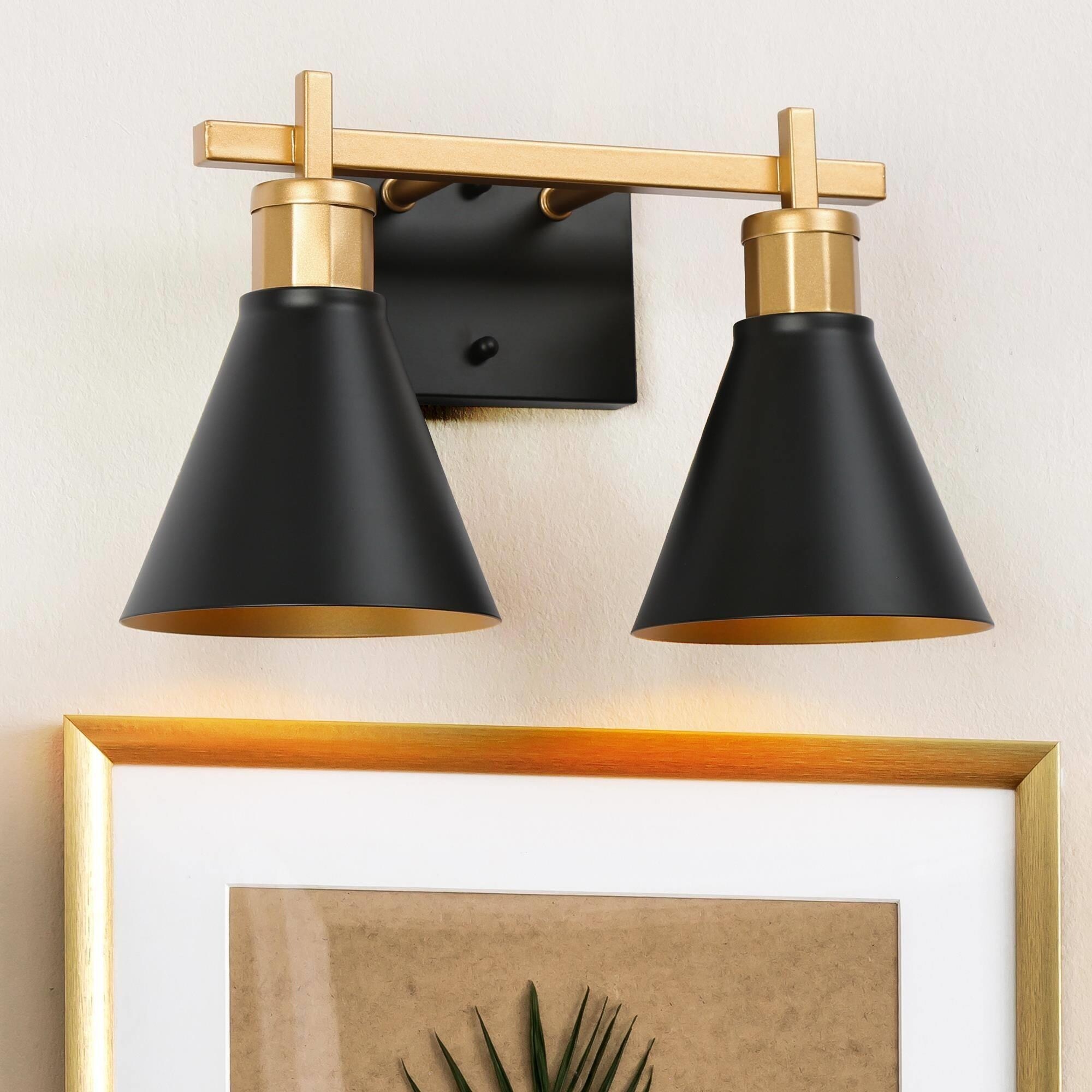 Reuel Modern Black Gold 2-Light Bathroom Vanity Lights Linear Wall Sconces for Powder Room - 14'' L x 7.5'' W x 8.5'' H - Mycitystee