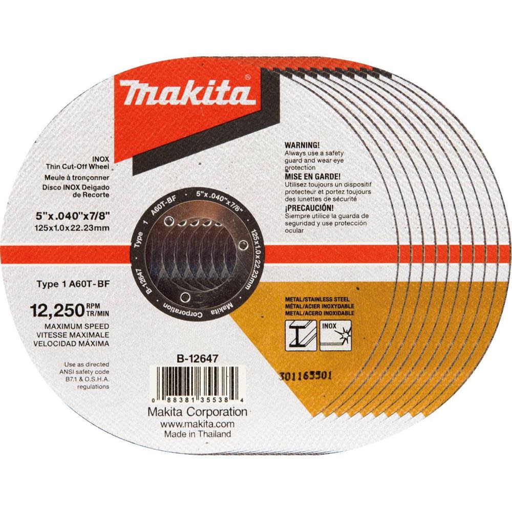 Makita 5 in. x .040 in. x 7/8 in. Thin INOX Cut-Off Wheel (10-Pack) B-12647-10 from Makita - Mycitystee