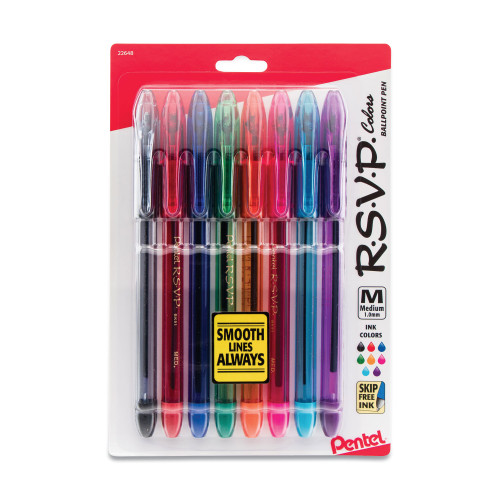 Pentel R.S.V.P. Stick Ballpoint Pen， Medium 1mm， Assorted Ink/Barrel， 8/Pack (BK91CRBP8M) - Mycitystee
