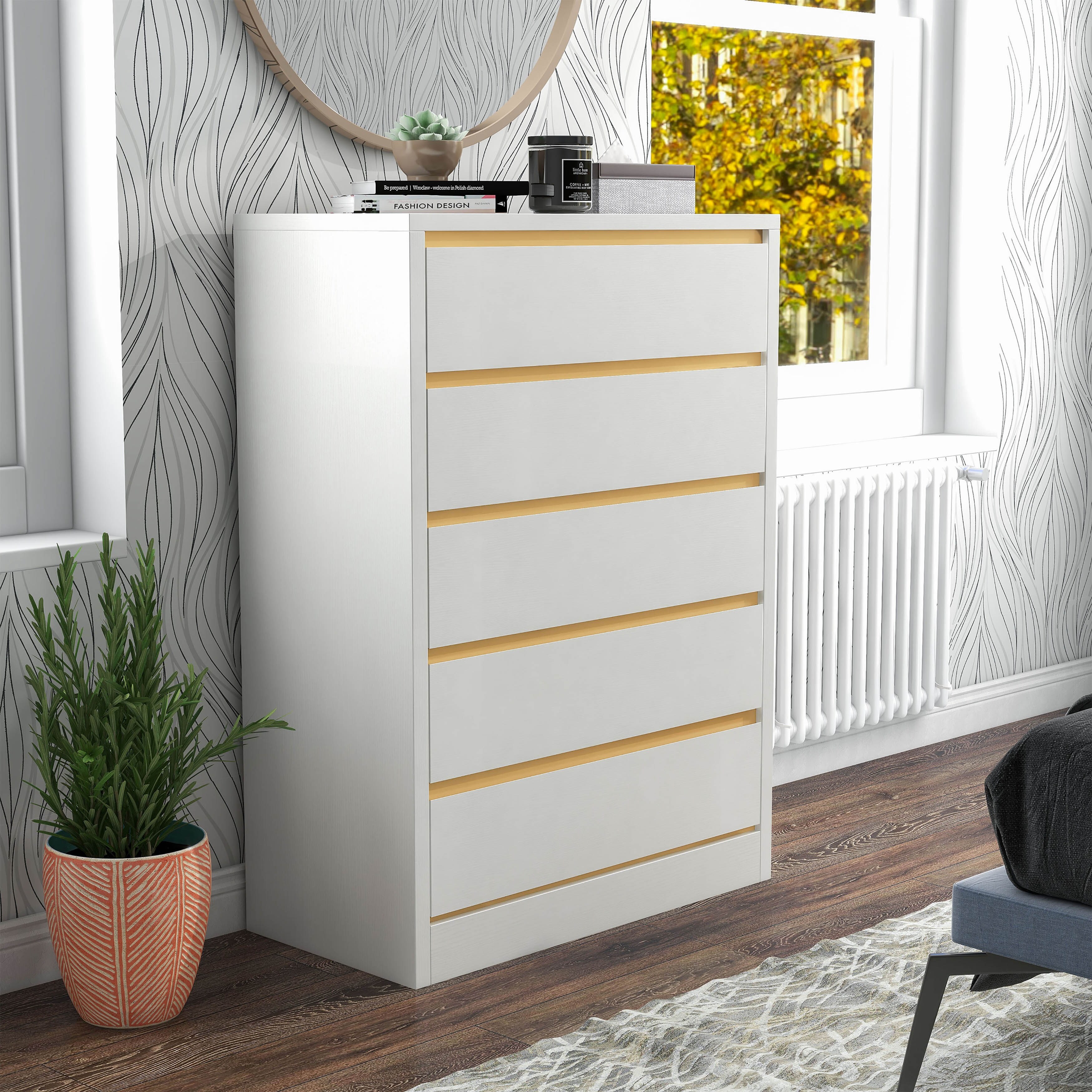 DH BASIC Mod White 5-drawer Tall Dresser by Denhour - - 36576532 - Mycitystee