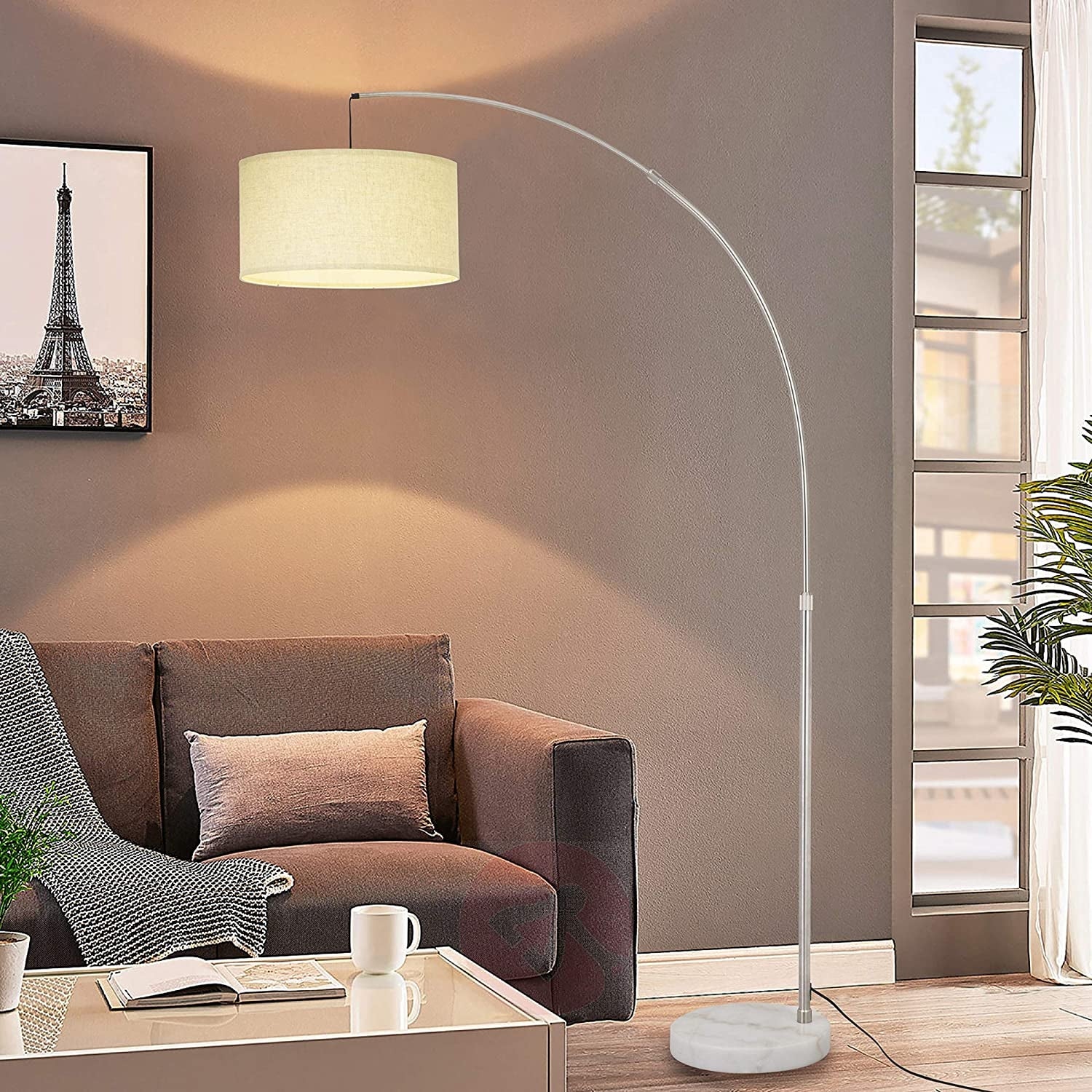 Q-Max Steel Adjustable Arching 81-inch Floor Lamp with Beige Shade and White Marble Base - Mycitystee