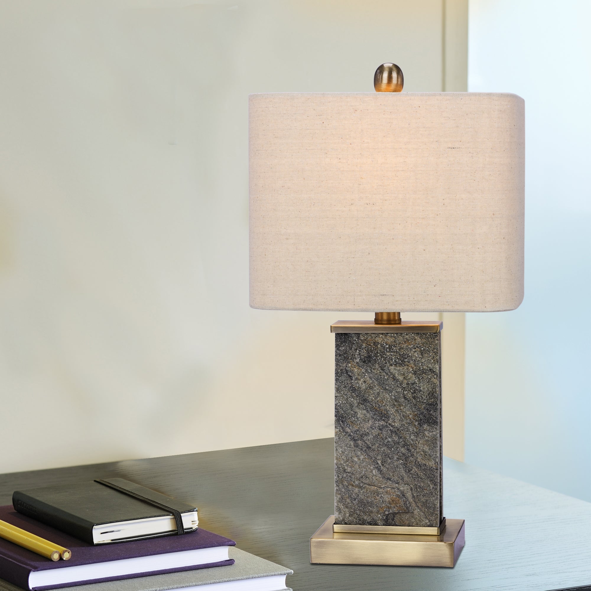 Fangio Lighting's 19 in. Stone and Metal Table Lamp in a Natural Stone and Antique Brass Finish - Mycitystee
