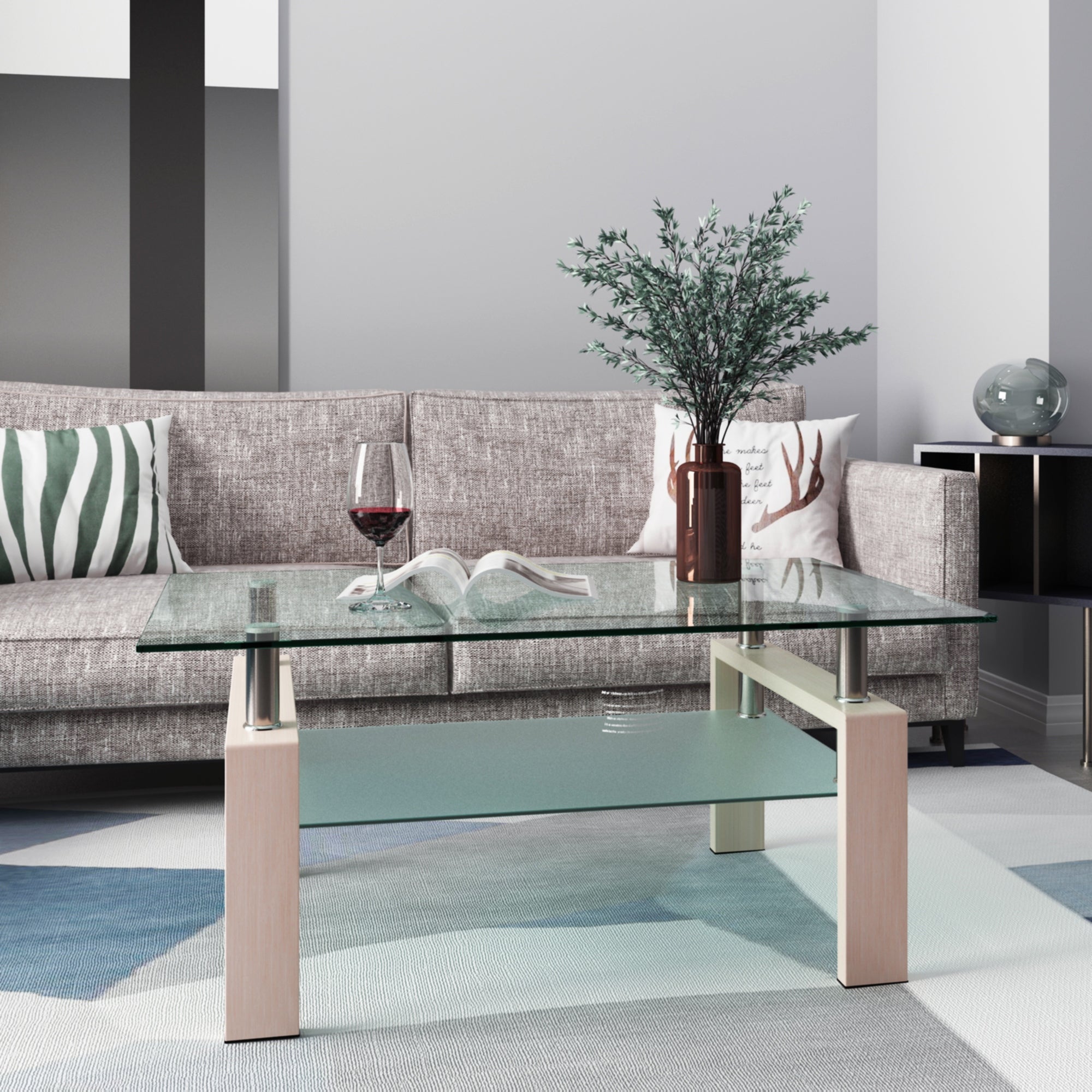39.4 in. Brown Rectangle Metal Coffee Table with Glass Top - Mycitystee