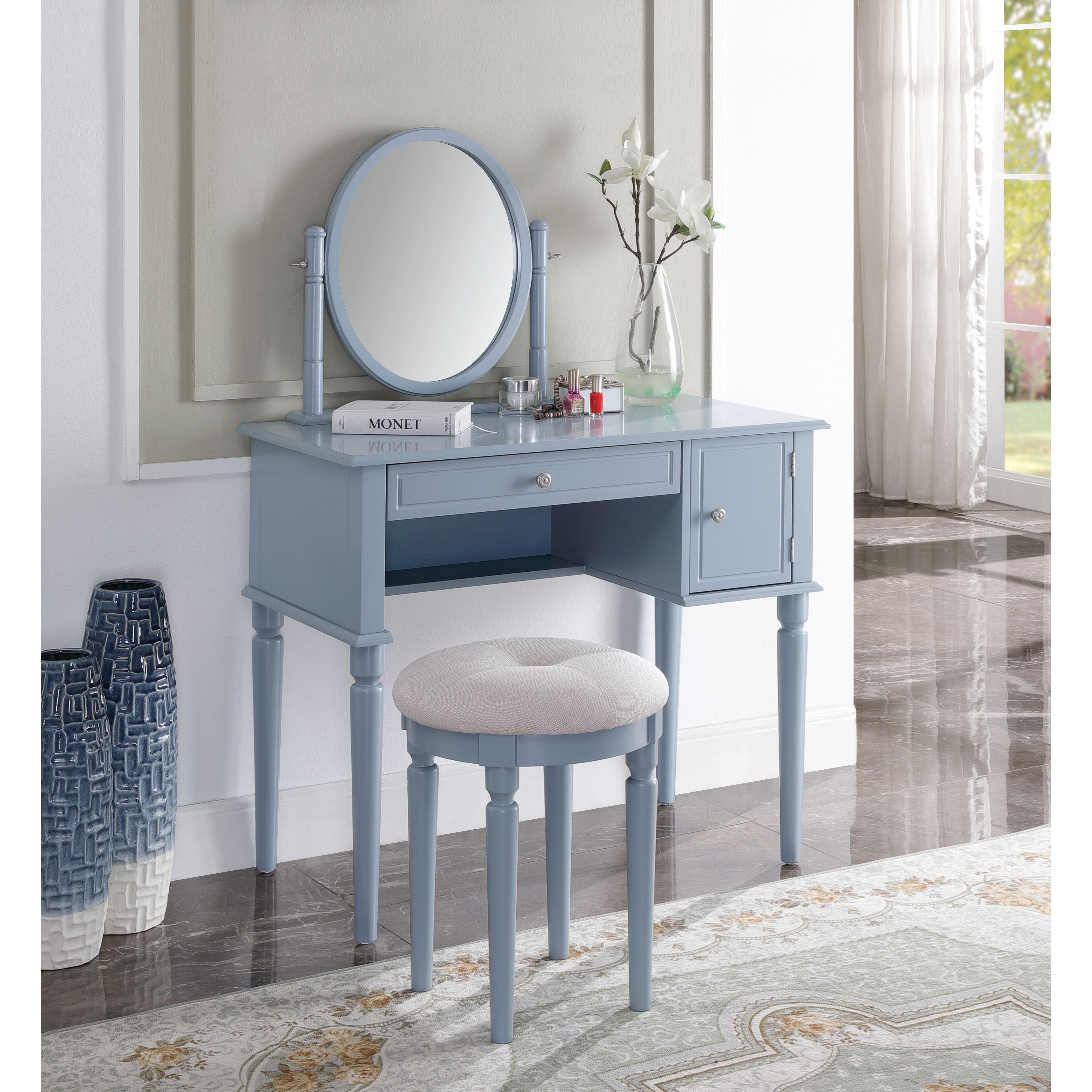 Vanity Set Cream Fabric Makeup Table Dressing Desk Writing desk with Drawer Gray Finish - - 34863486 - Mycitystee