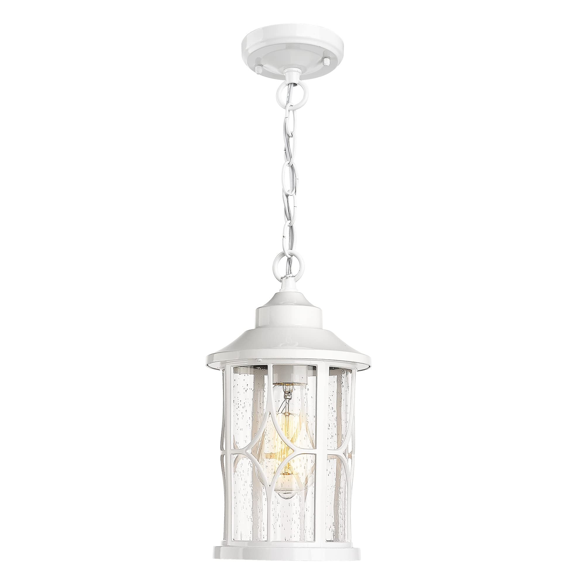 Modern Outdoor Hanging Porch Light，Aluminum Exterior Pendant Light for Front Porch， White Finish with Seeded Glass - Mycitystee