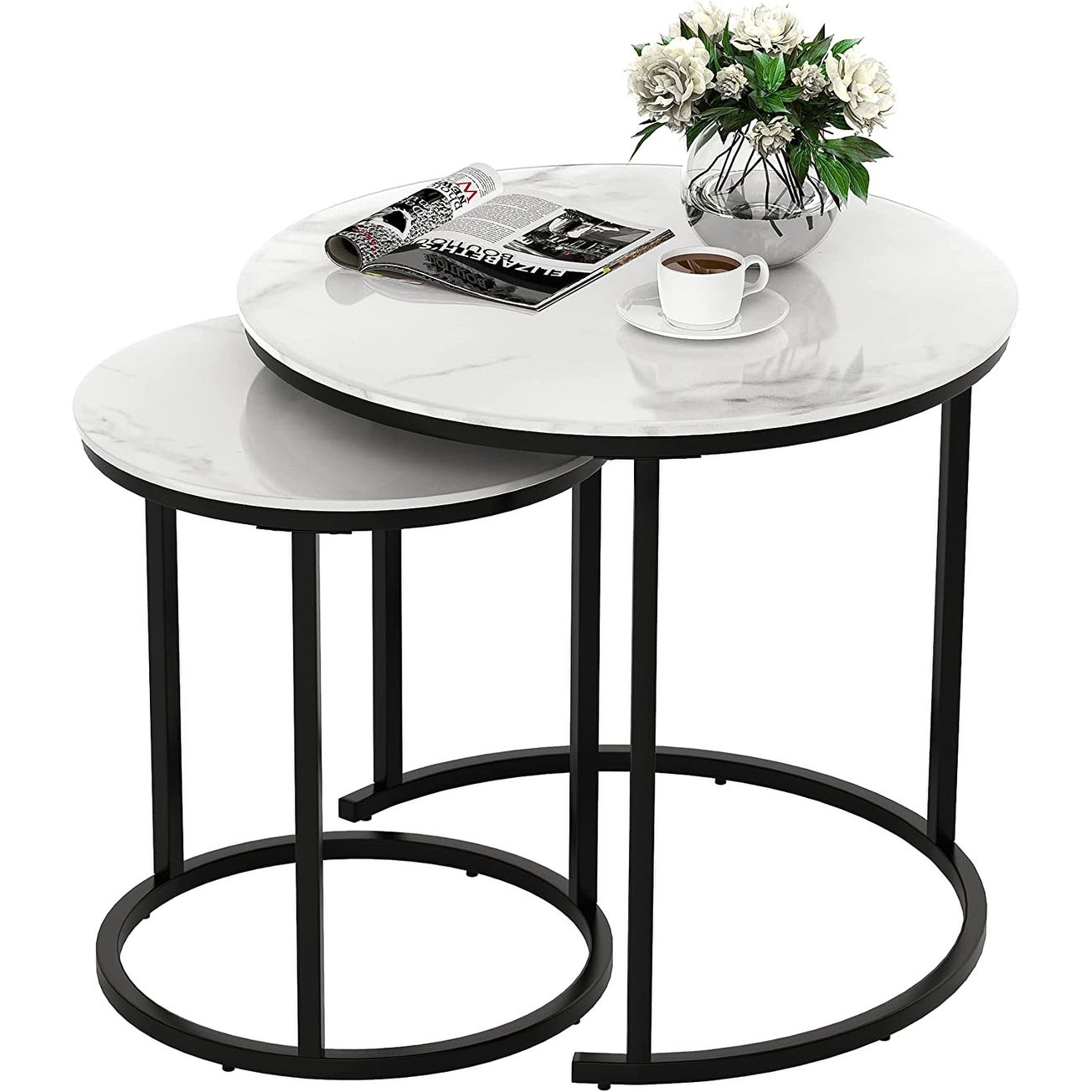Round Coffee Table Set of 2， Modern Accent Marble Texture Coffee Tables - Mycitystee