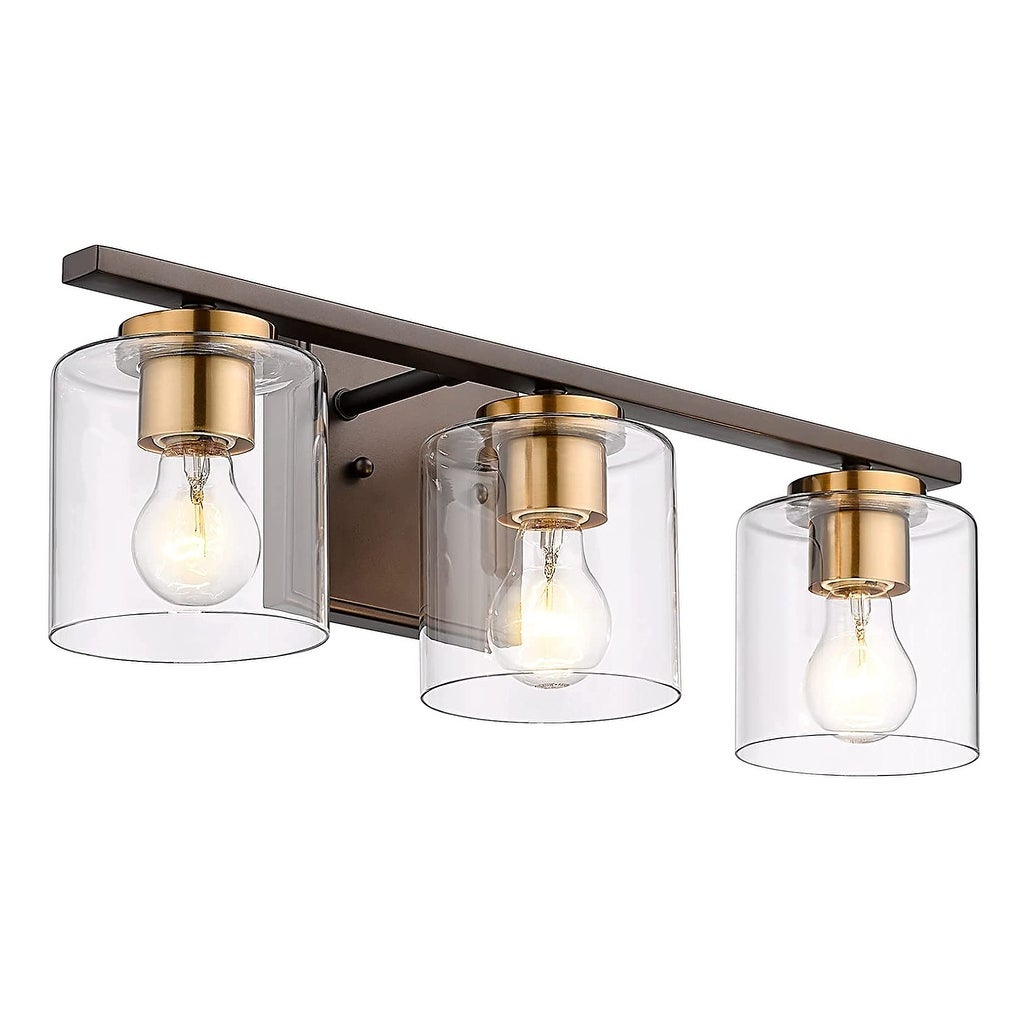 JAZAVA 3-Light Bathroom Vanity Light Fixtures， Farmhouse Vanity Light with Clear Glass Shade， Oil Rubbed Bronze and Gold Finish - Mycitystee