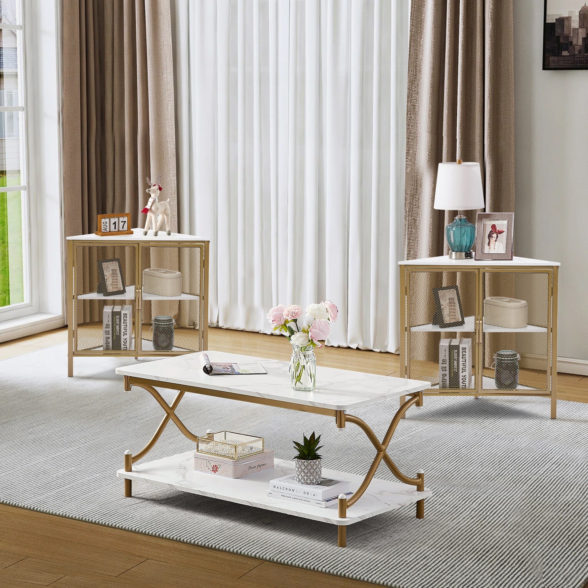 VECELO 3-Piece Coffee Table Set Sofa Table and Corner Side Table Set of 2 with Metal Mesh Doors - Mycitystee