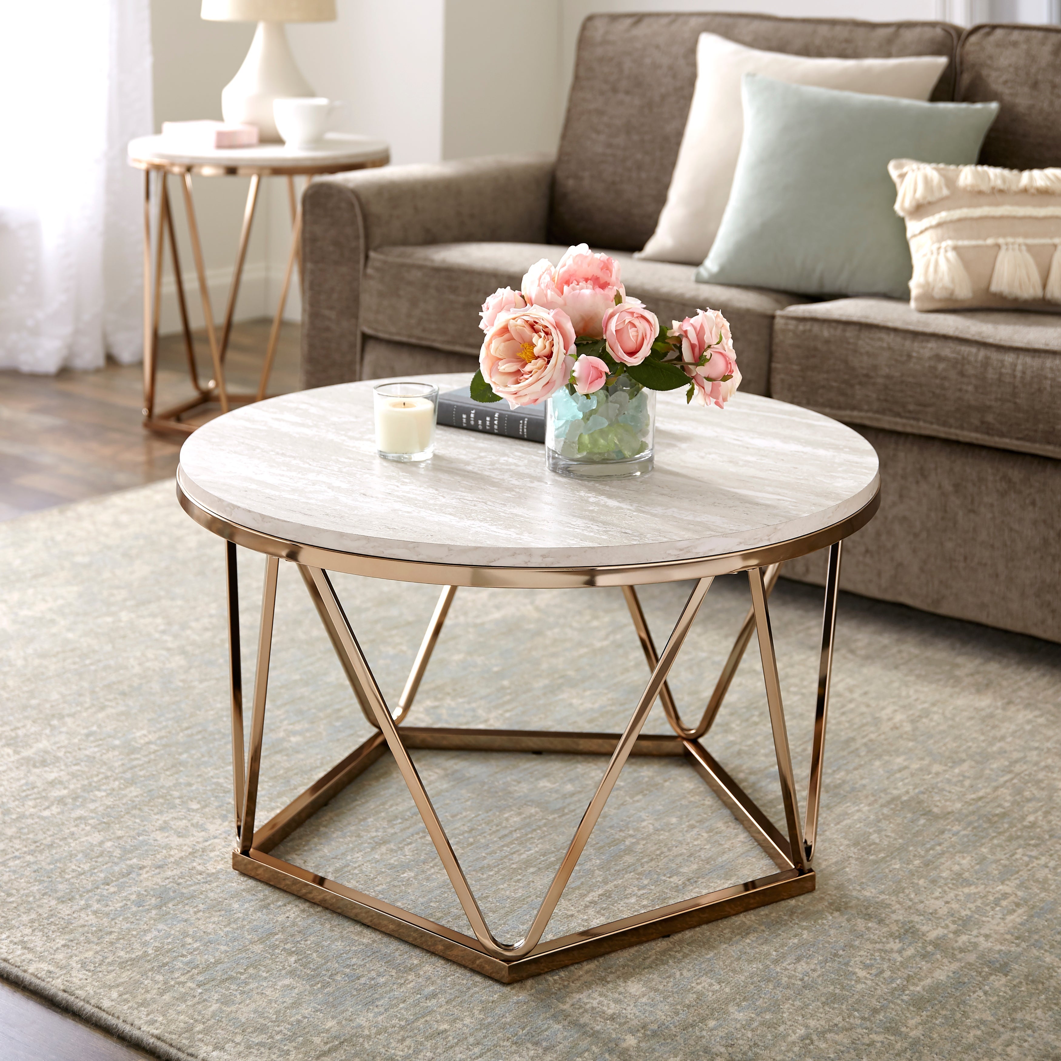 SEI Furniture Henderson Modern Faux Marble Top Gold Geometric Base Round Coffee Table - Mycitystee