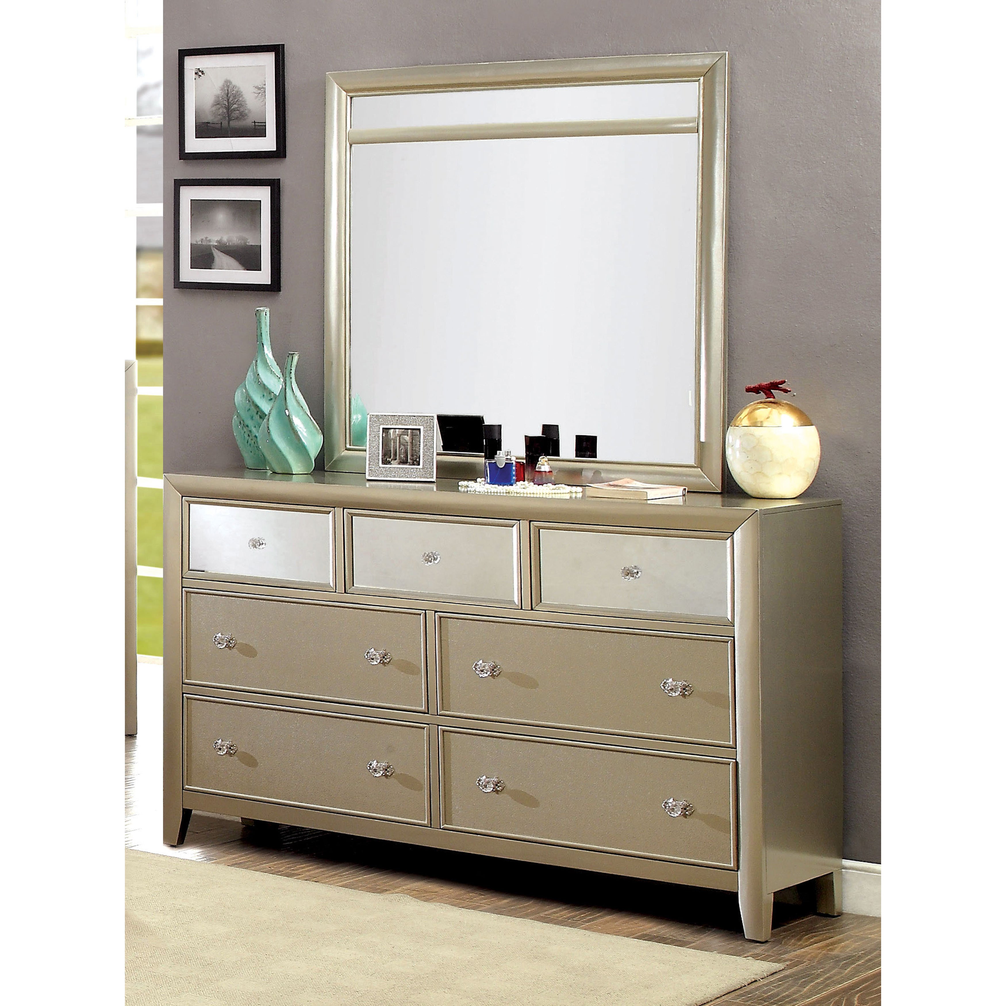 Furniture of America Vosh Silver 2-piece Dresser and Mirror Set - - 11441874 - Mycitystee