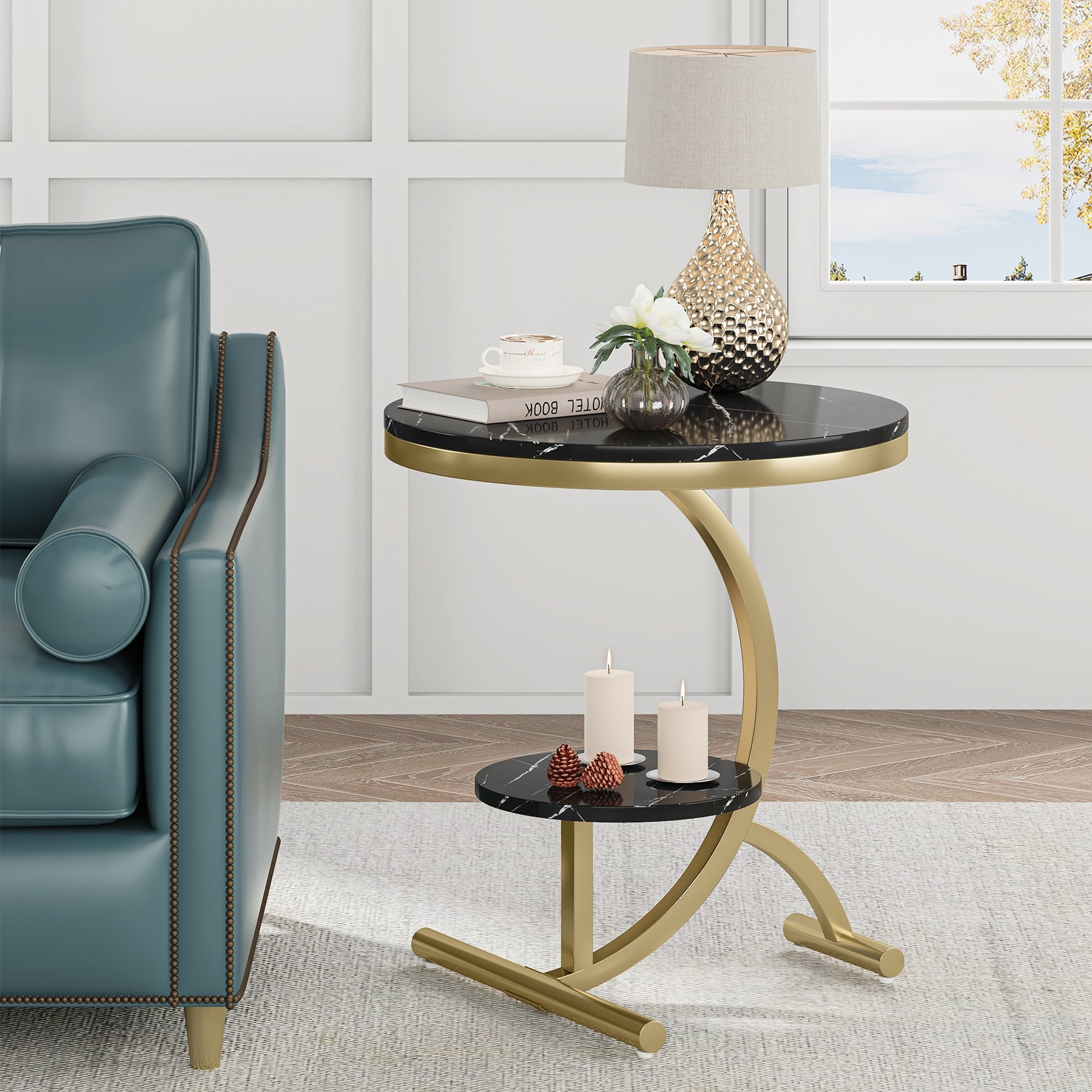 Faux Marble End Table， 2-Tier Round Sofa Side Table with C-Shaped Base Metal Legs，Indoor Plant Stand Modern Small Accent Table - Mycitystee