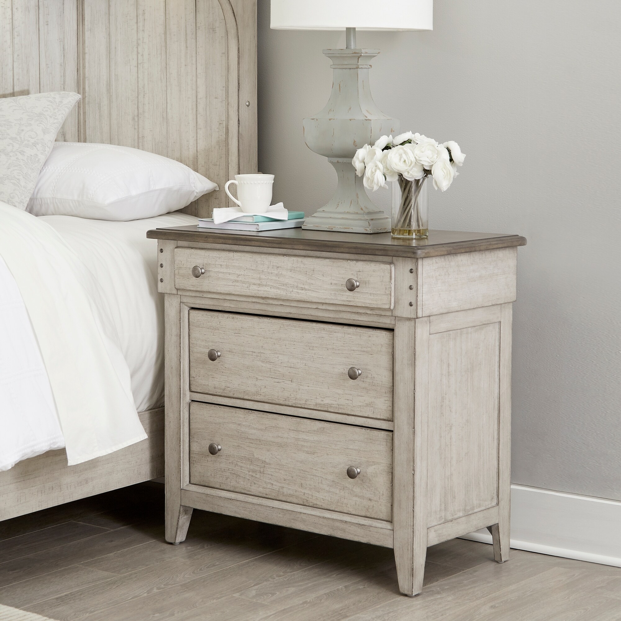 Ivy Hollow Weathered Linen Dusty Taupe 3 Drawer Bedside Chest Charging Station - - 36107955 - Mycitystee