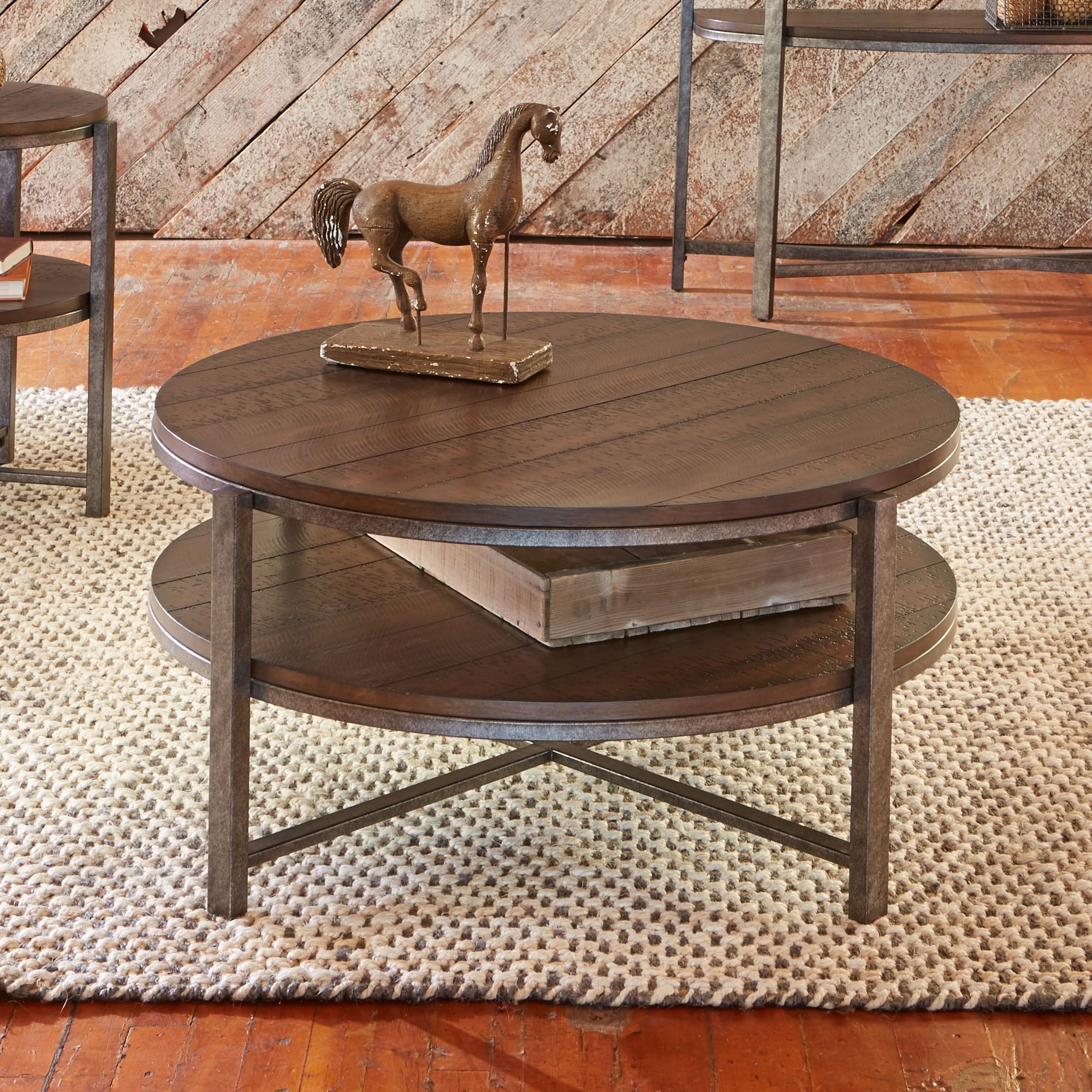 Breckinridge Mahogany Spice with Pewter Metal Round Cocktail Table - Mycitystee