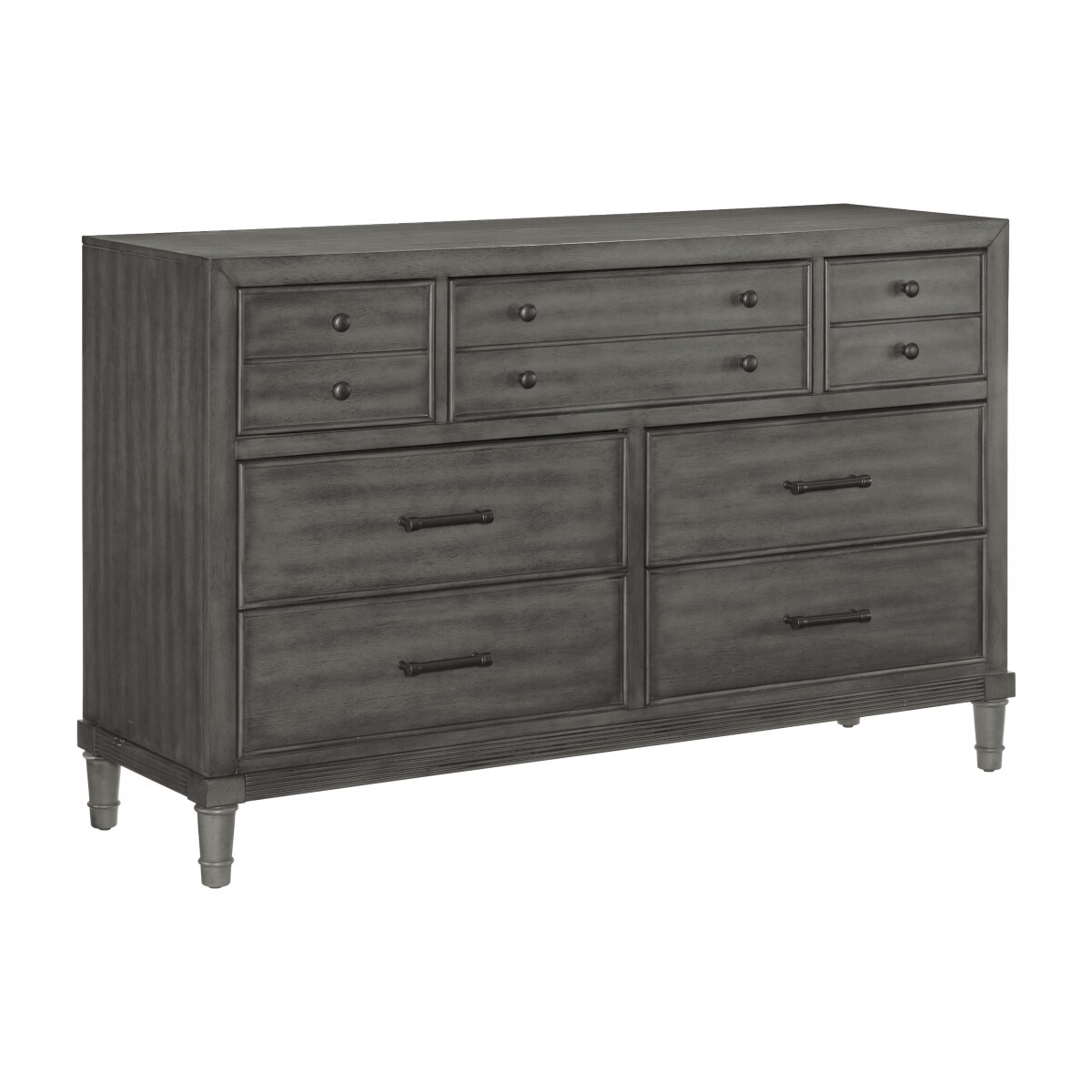 Ceila 58 Inch Wide 7 Drawer Dresser， Twin Knobs， Round Tapered Legs， Gray - - 37609514 - Mycitystee