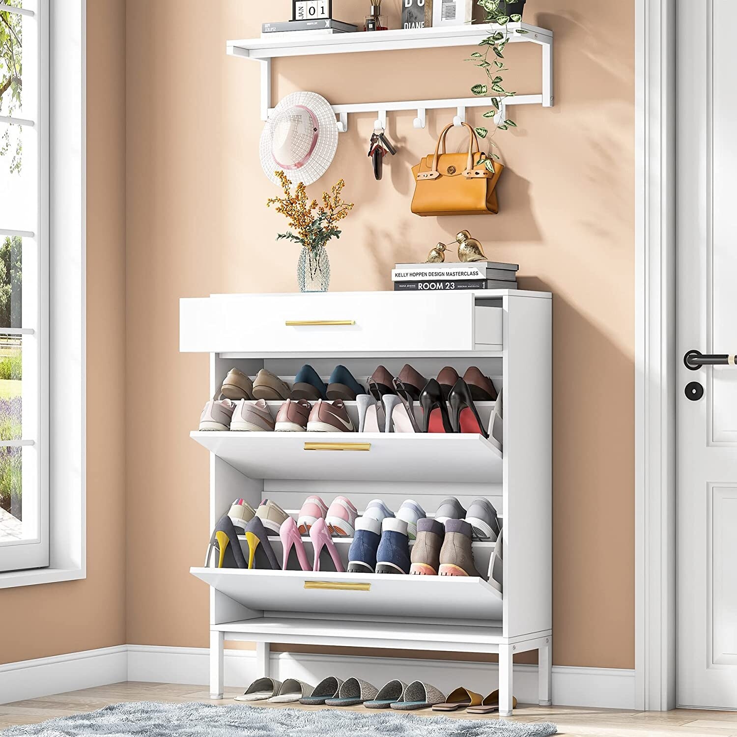 Shoe Cabinet Flip Drawer and Wall Mounted Coat Shelf Set - - 36100544 - Mycitystee