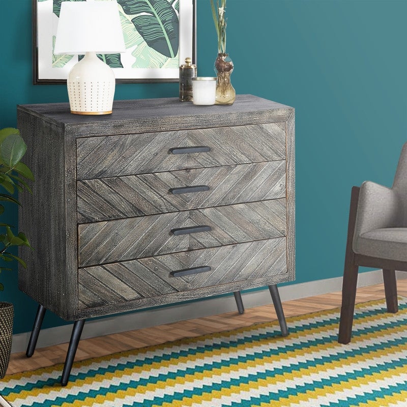Wood 4 Drawer Accent Dresser Chest with Angled Metal Legs - - 37887661 - Mycitystee