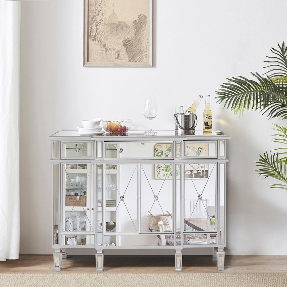 MDF With Mirror Surface Three Drawers and Four Doors Chest， Silver - - 36416612 - Mycitystee