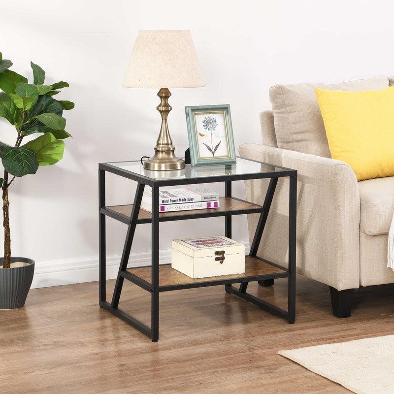 Black Side Table Coffee Table with Metal Frame and Tempered Glass Top - Mycitystee