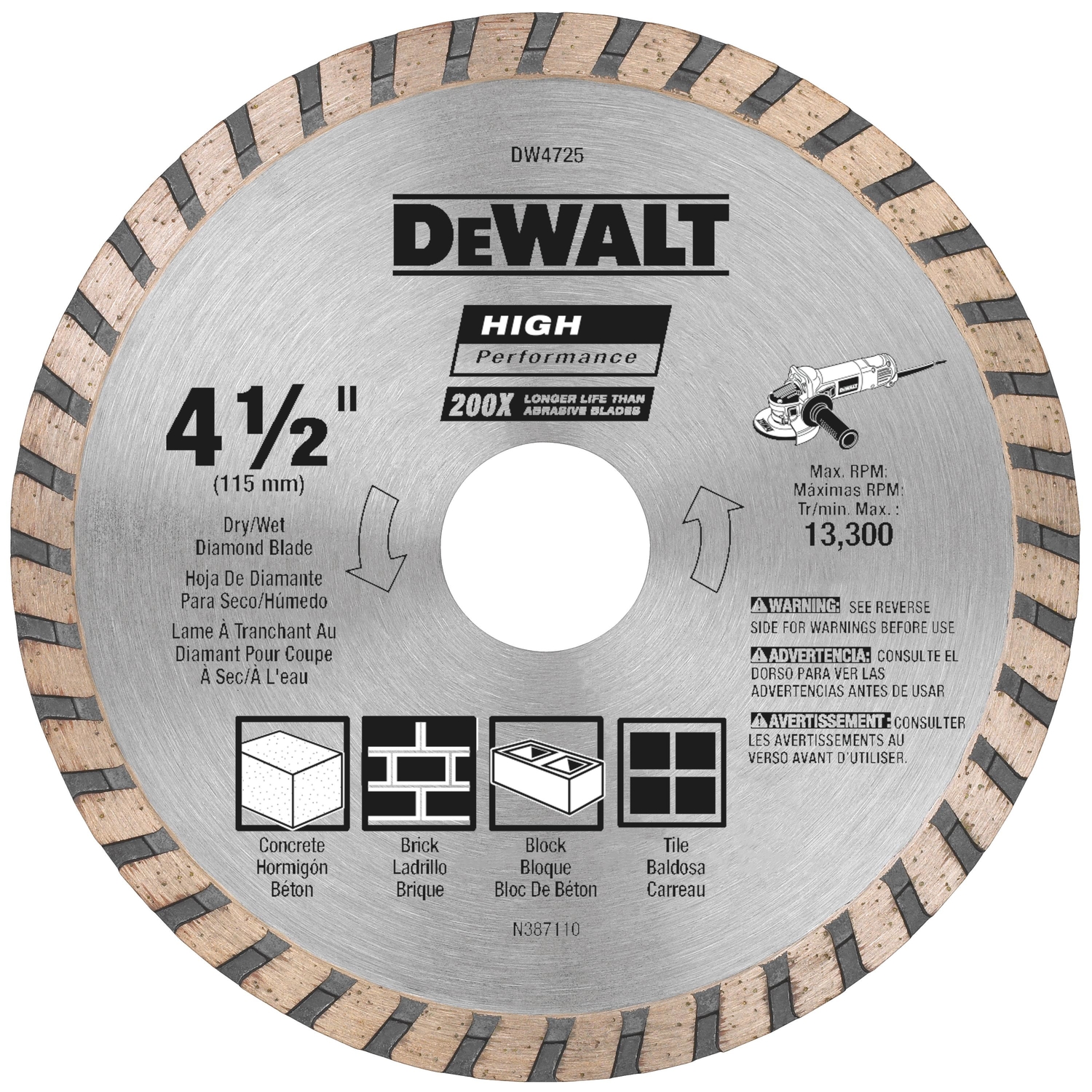 DeWalt High Performance 4-1/2 in. D X 7/8 in. Diamond Turbo Masonry Cut-Off Blade 1 pc - Mycitystee