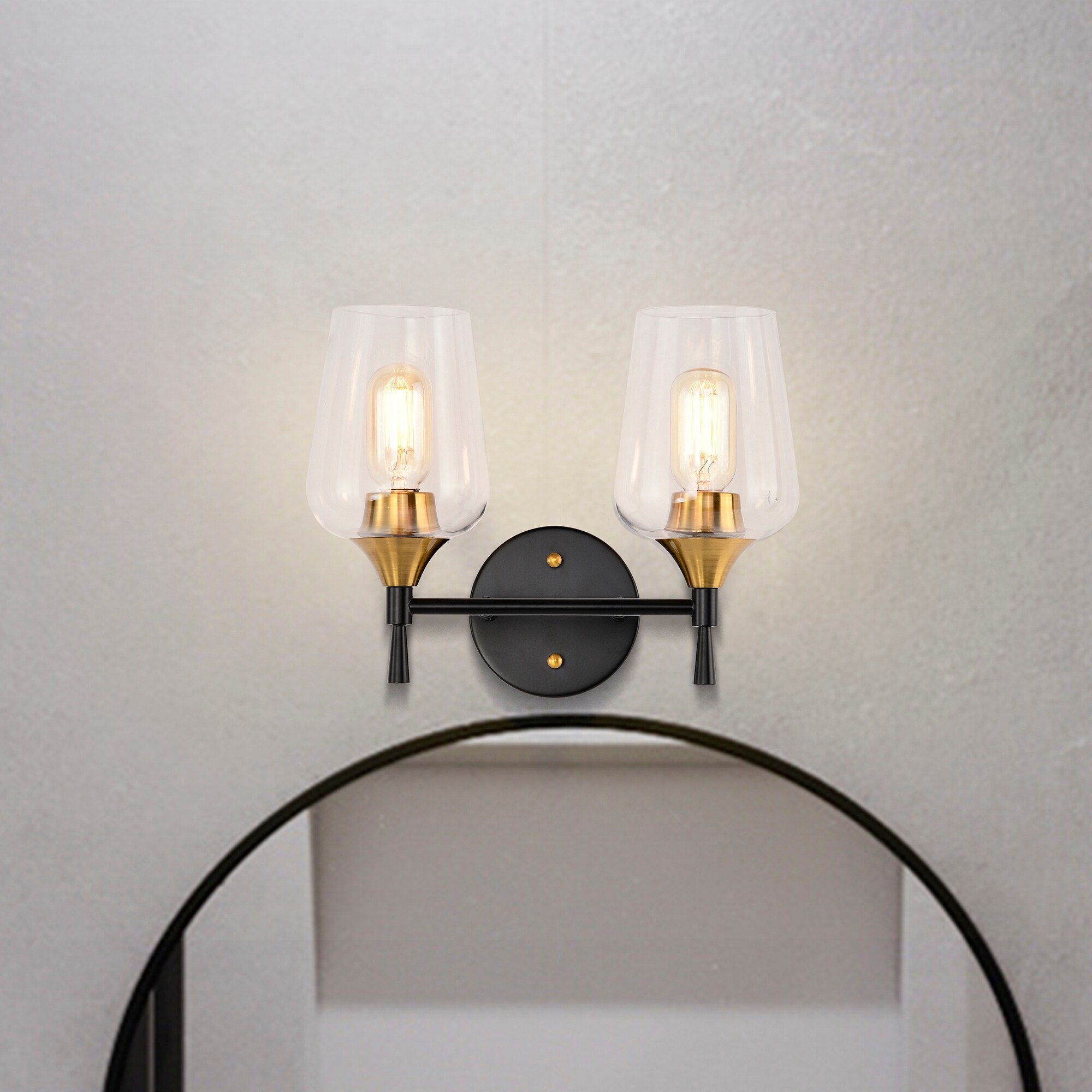 Black and Antique Brass 2-Light Vanity Light with Clear Wine Glass Shades - Mycitystee