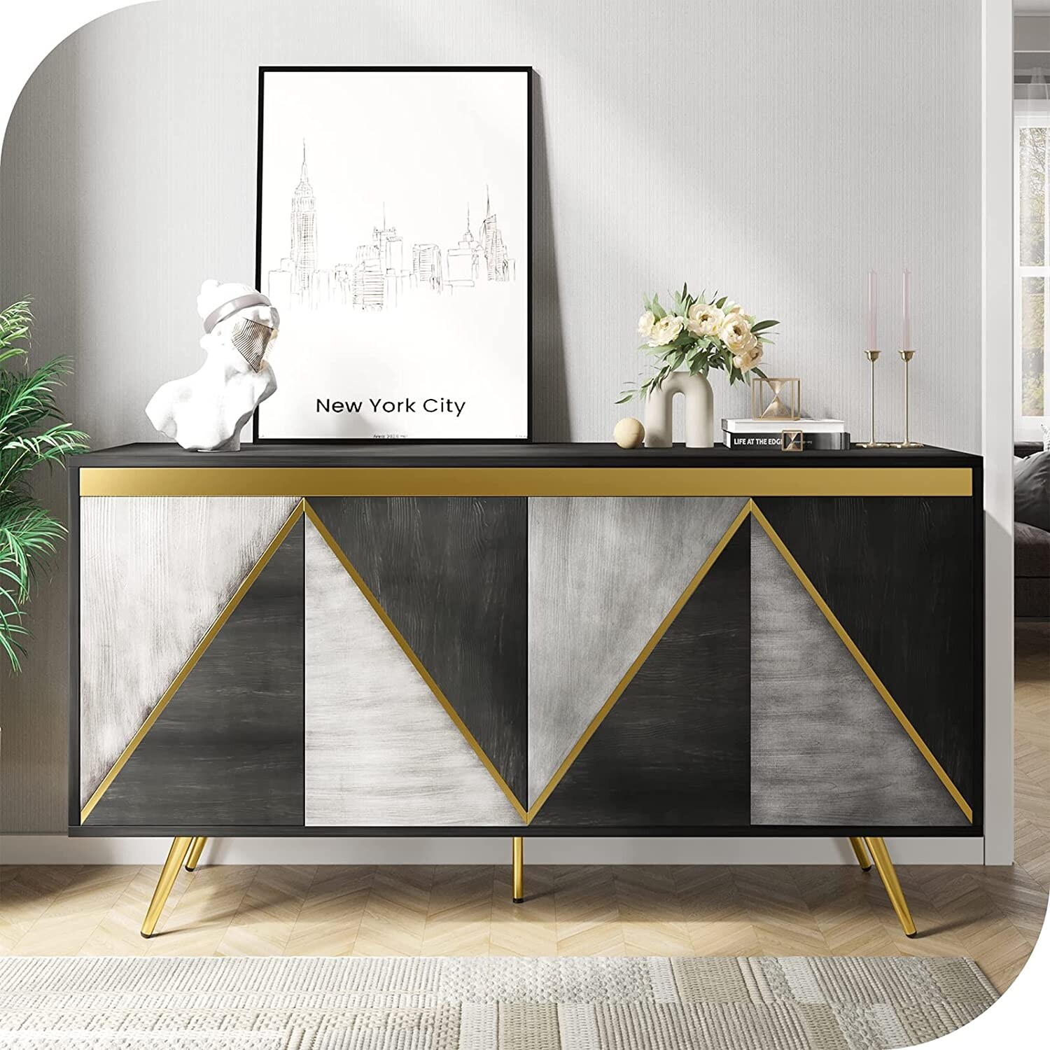 Kamily Wood Dresser Sideboard Buffet Cabinet with Gold Metal Legs - - 37279188 - Mycitystee