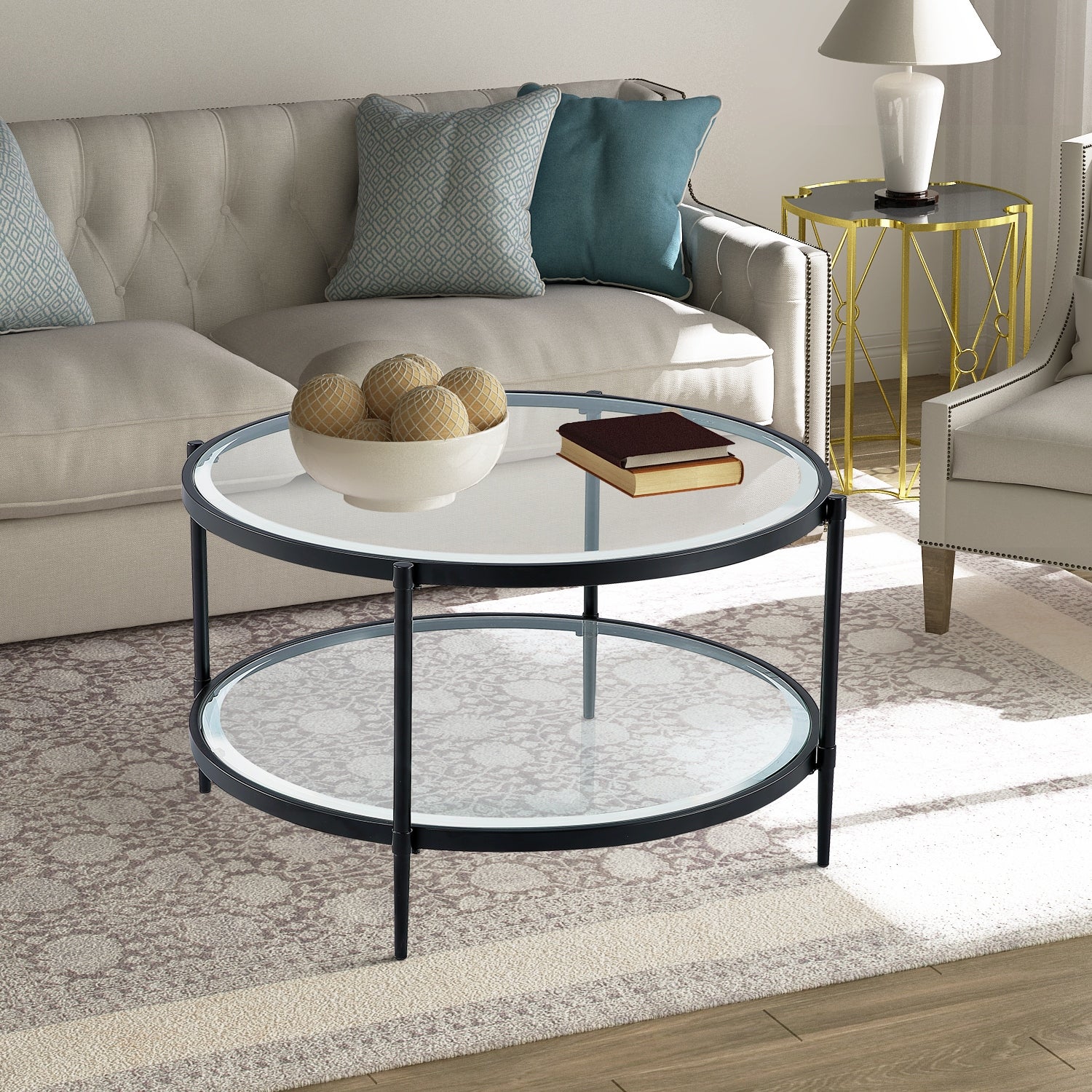 GZMR Round Coffee Table Accent Table with Shelf - Mycitystee