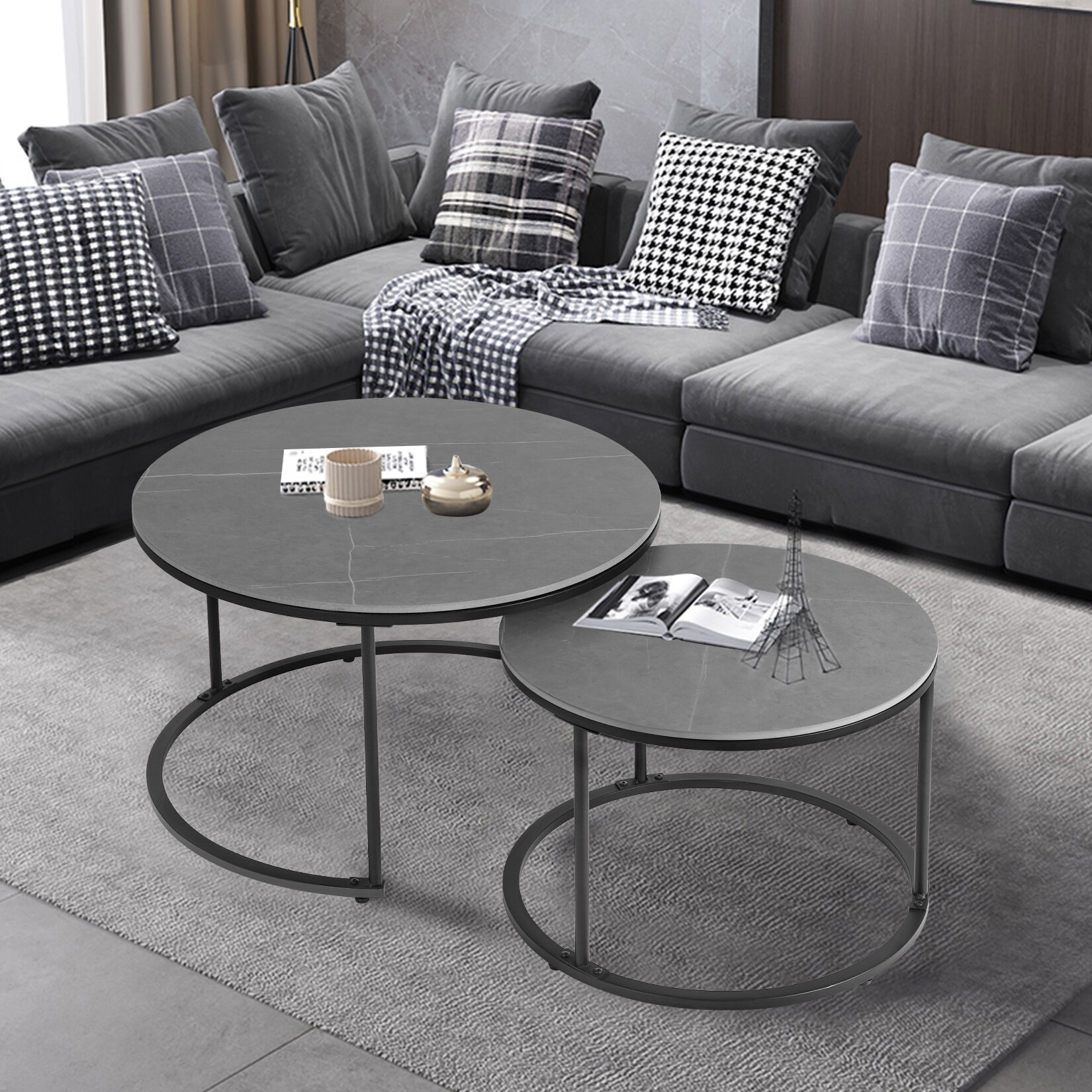 Round Black Grey Nesting Coffee Table (Set of 2) - Mycitystee