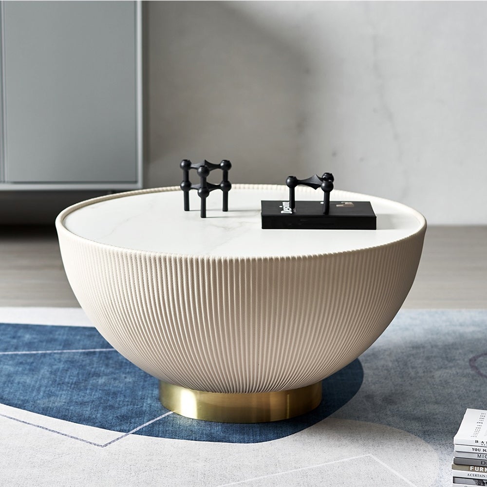 Modern Drum Coffee Table， Sintered Stone Coffee Table with PU Leather and Aluminum Alloy Base - Mycitystee