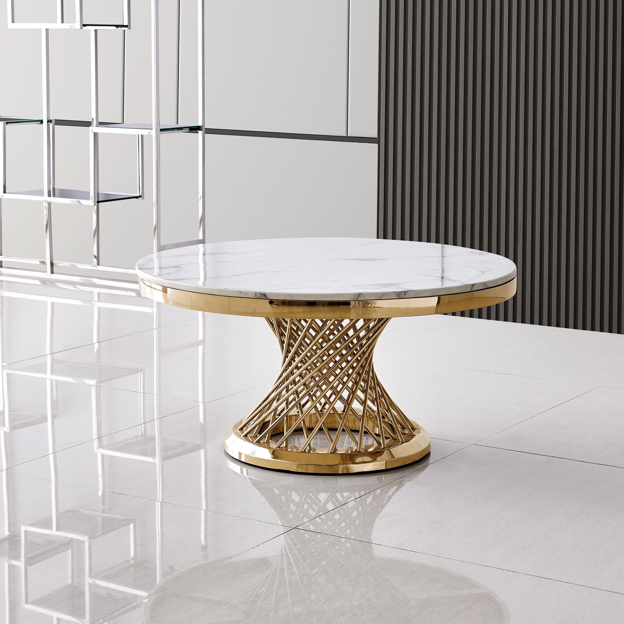 Luxurious Design Marble Round Coffee Table with Gold Mirrored Finish Stainless Steel Base for Living Room - Mycitystee
