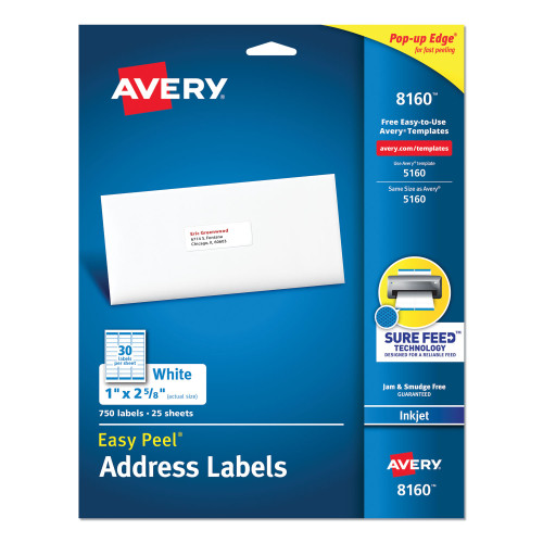 Avery Easy Peel White Address Labels w/ Sure Feed Technology， Inkjet Printers， 1 x 2.63， White， 30/Sheet， 25 Sheets/Pack (8160) - Mycitystee