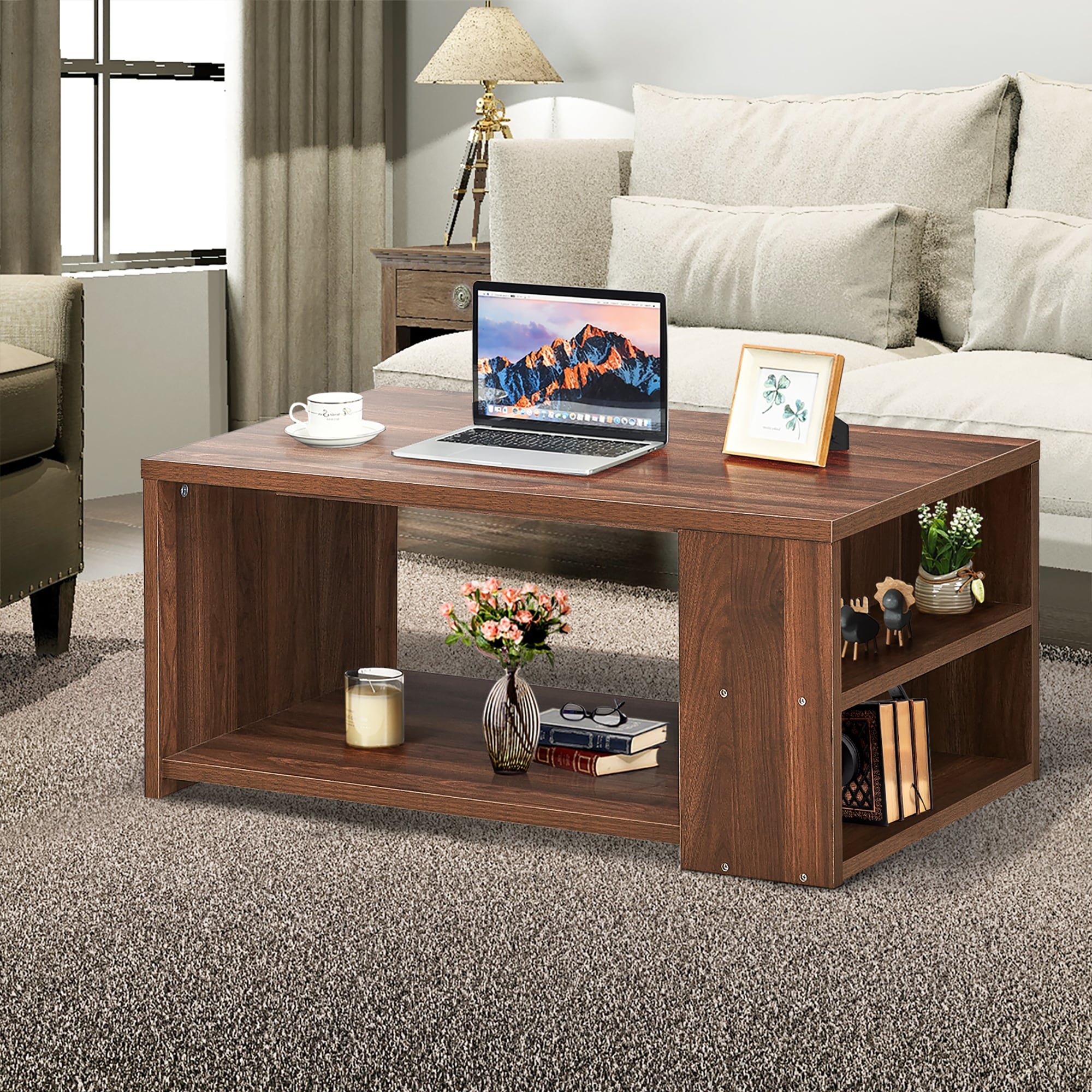 Coffee Table with 2 Storage Shelves Sofa Side Table with Stable Frame - Mycitystee