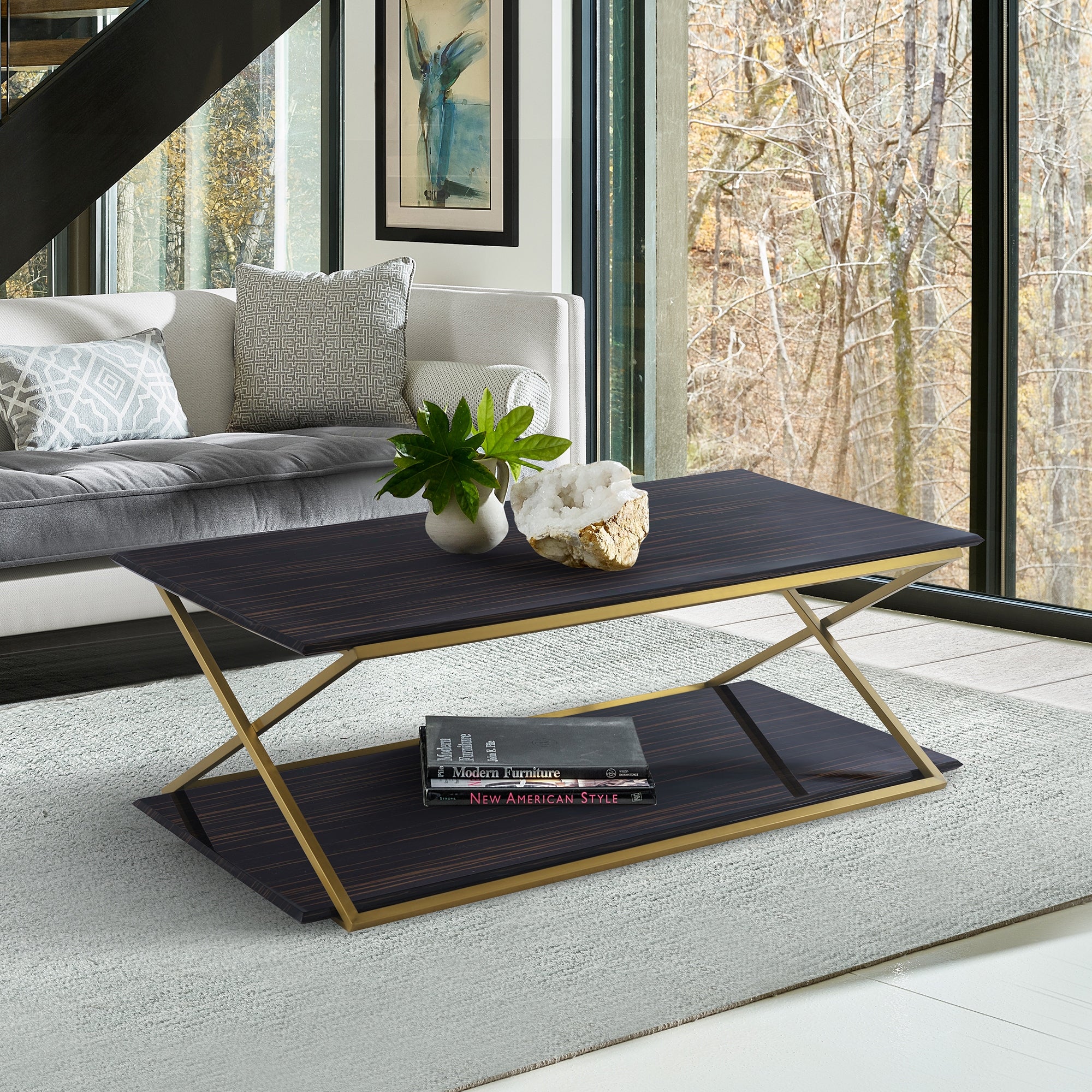 Westlake Dark Brown Veneer Coffee Table with Brushed Gold Legs - Mycitystee