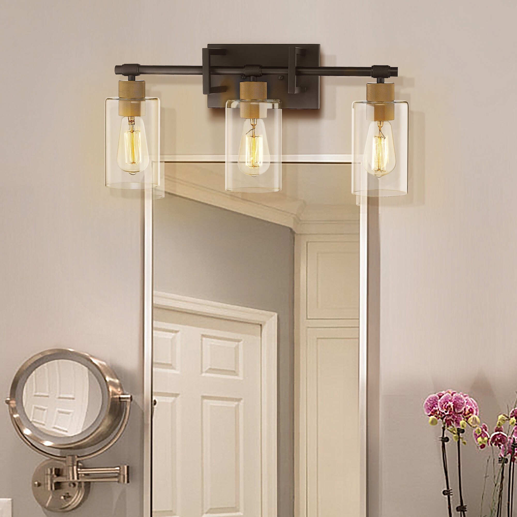 3-Light Gold/ Black Bathroom Wall Sconces Vanity Light Fixture - 21.6