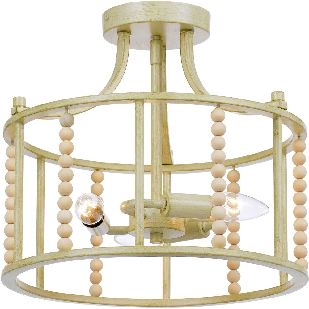 Hanover Calliope Semi-Flush Ceiling Light with Antique Cream Metal Finish and Natural Wood Beading， Hardwire Installation Only - Mycitystee